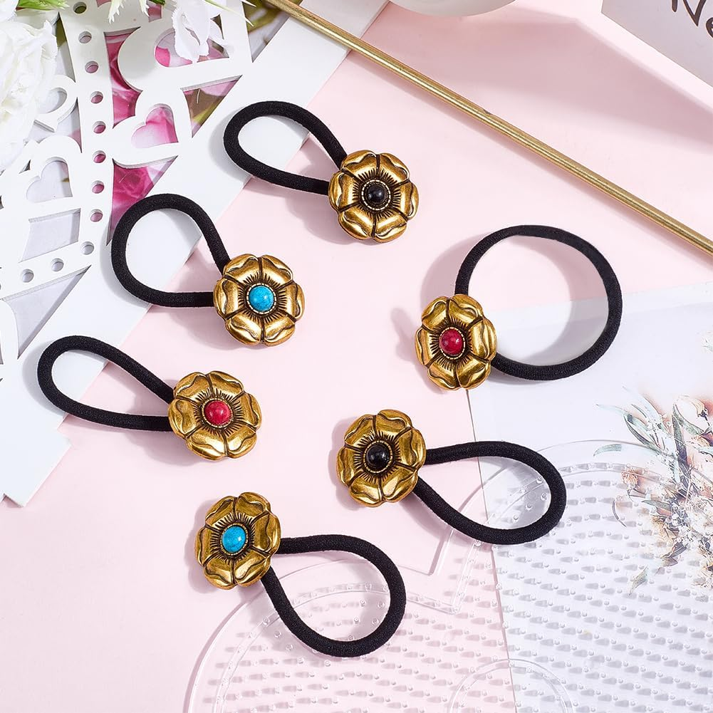 CABODYALS Pack of 6 3 Colours Western Style Metal Ponytail Holder Vintage Boho Turquoise Decorative Hair Bobbles Bracelet Cowgirl Elastic Hair Bands Rope for Women Party Outfit Dress Accessories image number 2