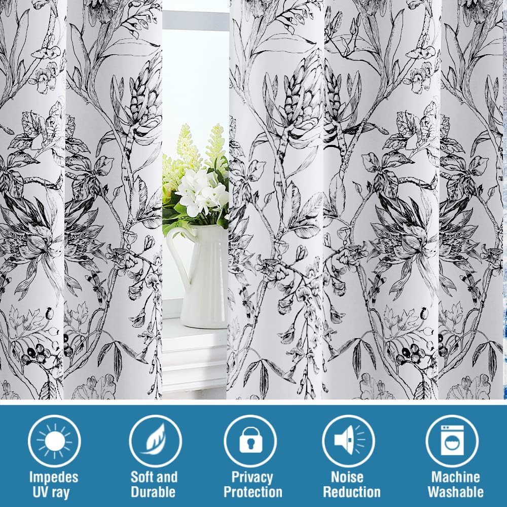H.VERSAILTEX 100% Blackout Curtains for Living Room Camellia Floral Light Blocking Window Treatment Curtains with Black Liner Grommet Thermal Drapes, 2 Panels Set, Each W132Cm X D213Cm, Black image number 5