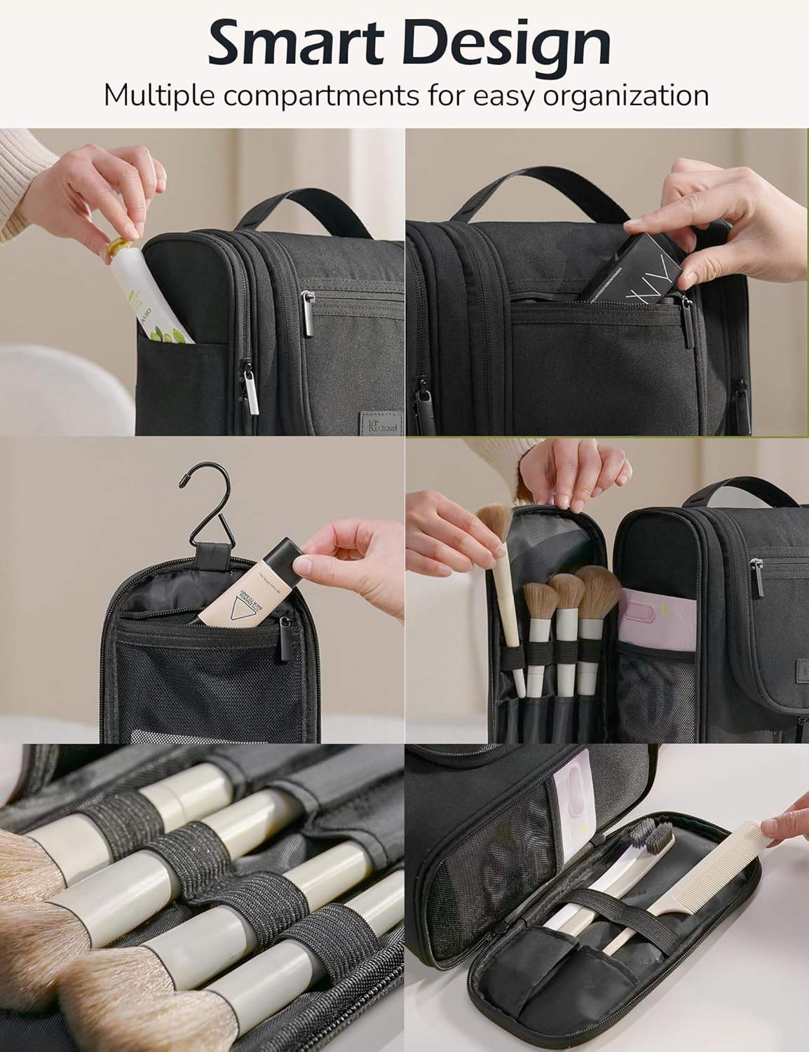 Travel Toiletry Bag for Women and Men, Travel Makeup Bag with Hanging Hook, Large Capacity Water-Resistant Organizer, Cosmetic Bathroom Travel Bag for Toiletries Accessories, Shampoo (Black) - Gray image number 7