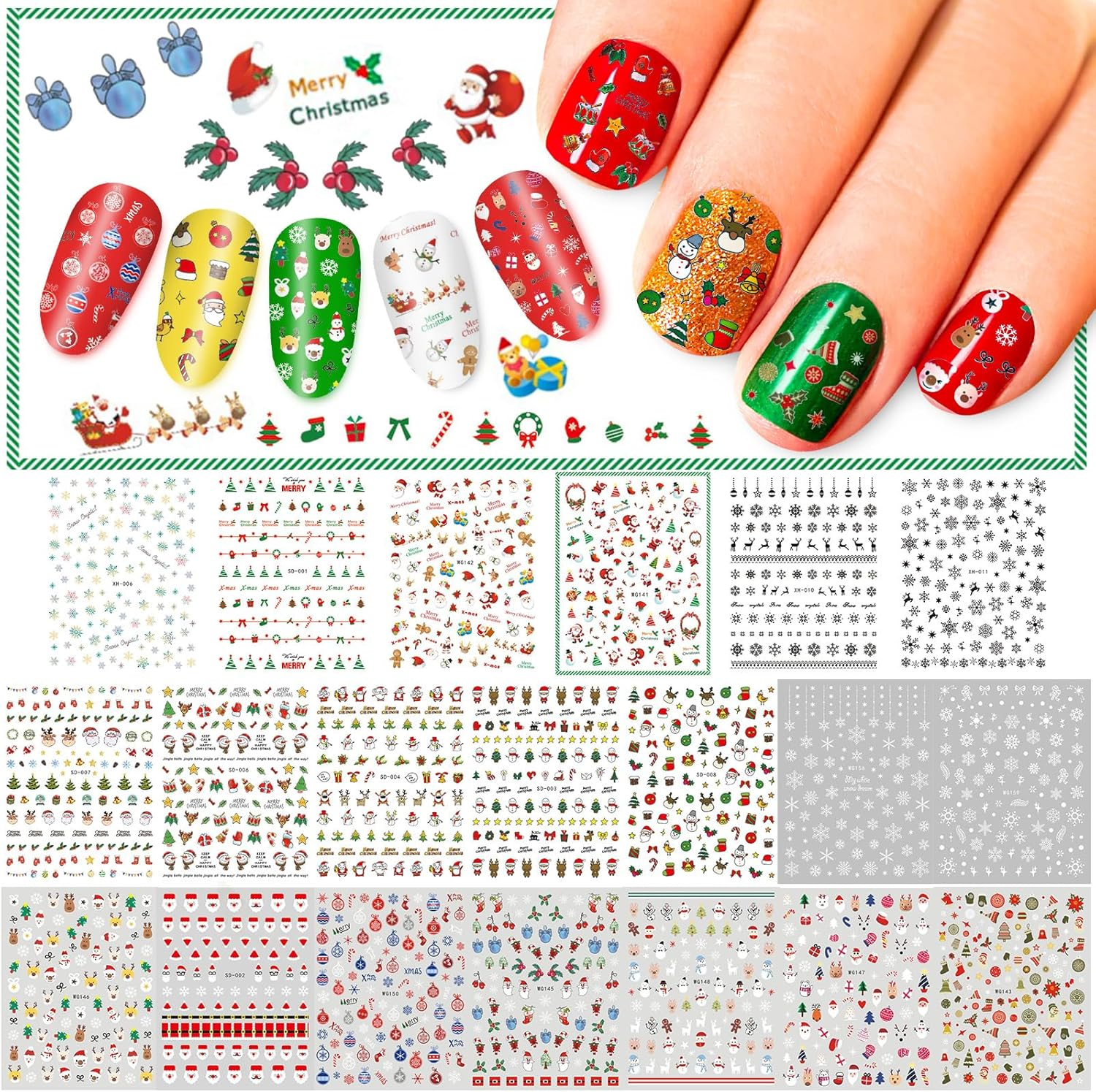 Whaline 20 Sheets Christmas Nail Art Stickers, 3D Self-Adhesive Stickers Santa Claus Reindeer X-Mas Tree Bells Snowflakes Decals for Women Girls Kids Manicure DIY or Nail Salon (More than 1000Pcs) image number 1