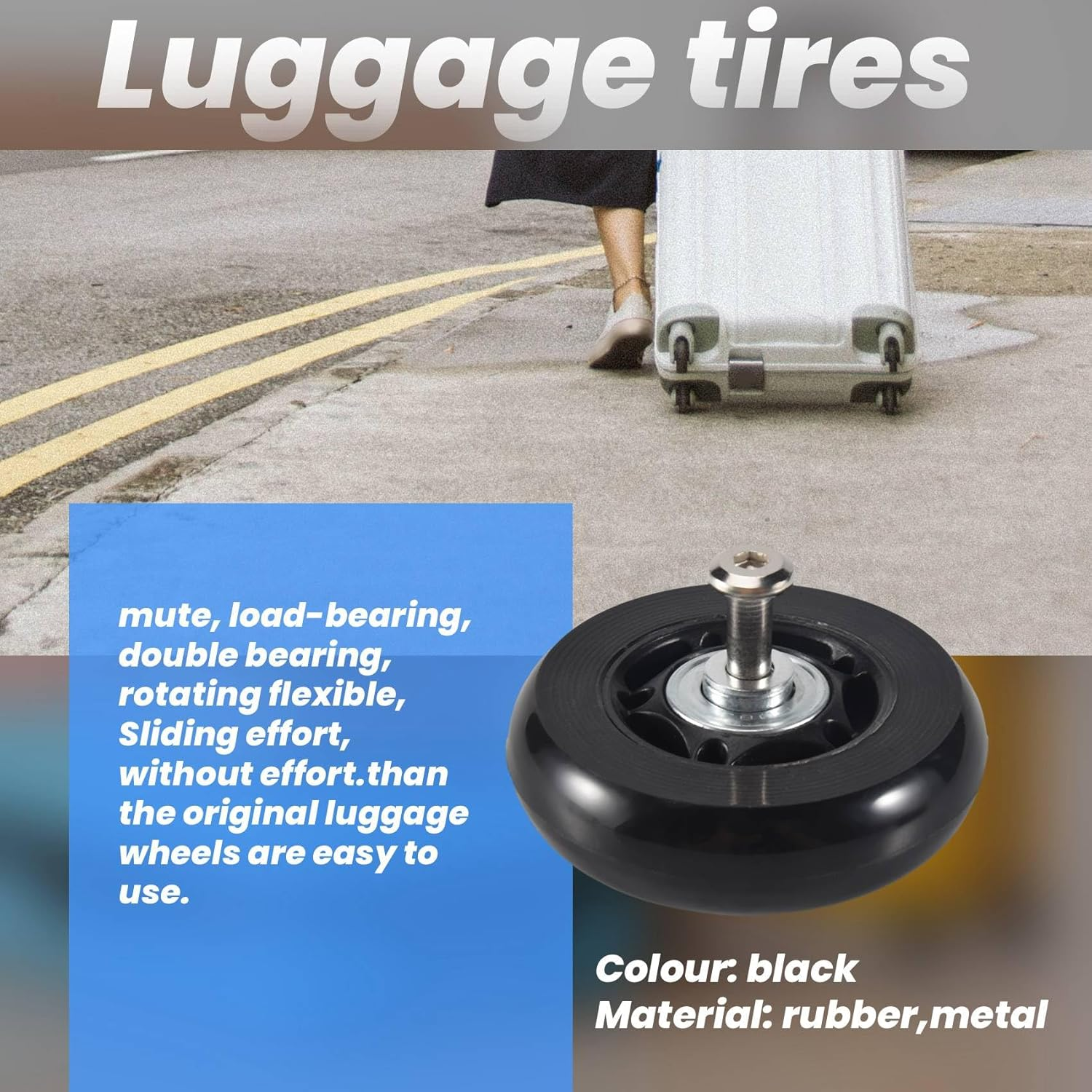 2 Set Luggage Suitcase Replacement Wheels Axles Rubber Deluxe Repair OD 64Mm New image number 4