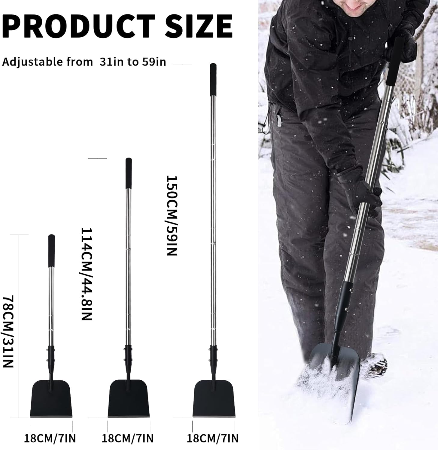 BARAYSTUS Snow Shovel, Sharp Flat Shovel with Adjustable Handle, Carbon Steel Ice Shovel, Multifunctional Cleaning Shovel, Weed Scraper with Handle for Walkway, Driveway image number 6