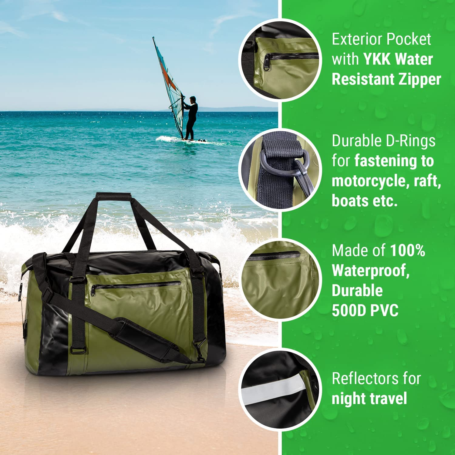 Waterproof Dry Duffel Bag - 100% Waterproof Rolltop Heavy-Duty Dry Duffle Bag for Boating, Rafting, Kayaking, Surf and Camping, 60L (Black and Green) image number 2