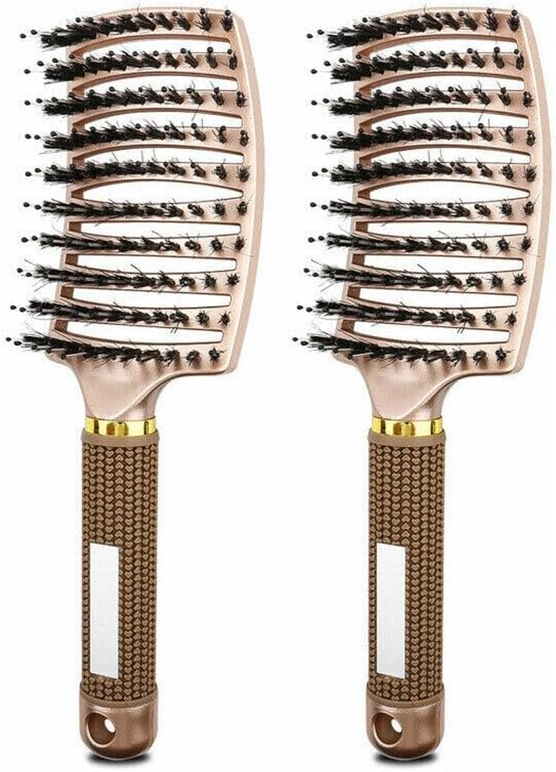 Leona Co 2Pcs Hair Brush, Detangling Hairbrush Boar Bristle Curved Vented Hair Brush for Women Men Kids Curly Thick Long Short Wet or Dry Hair, Faster Blow Drying (Black)