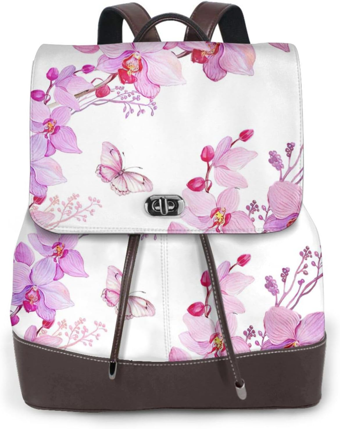 Edwal Pink Flowers and Butterfly Print Leather Backpack Laptop Bag for Women Fashion Multipurpose Daypack for College Work Travel, Black, One Size image number 3
