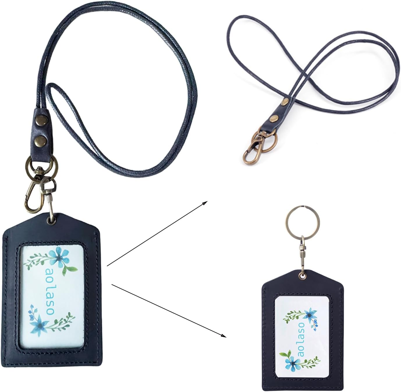 Badge Holder Vertical Handmade Leather ID Card Badge Holder Keychain with Heavy Duty Lanyard for Men Women-Black - Black 02 image number 3