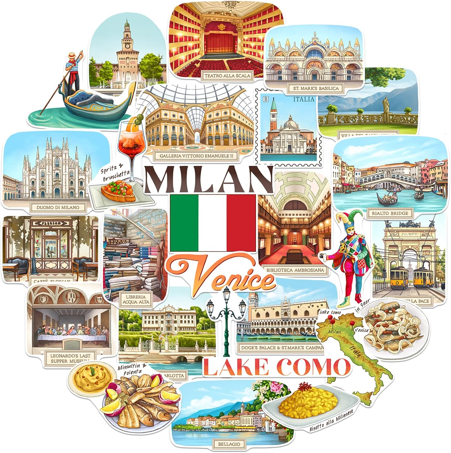 Navy Peony Northern Italy Travel Stickers (28Pcs) - Gouache Style, Waterproof, Milan Venice-Themed Vacation Decals for Scrapbooks, Waterbottle image number 6