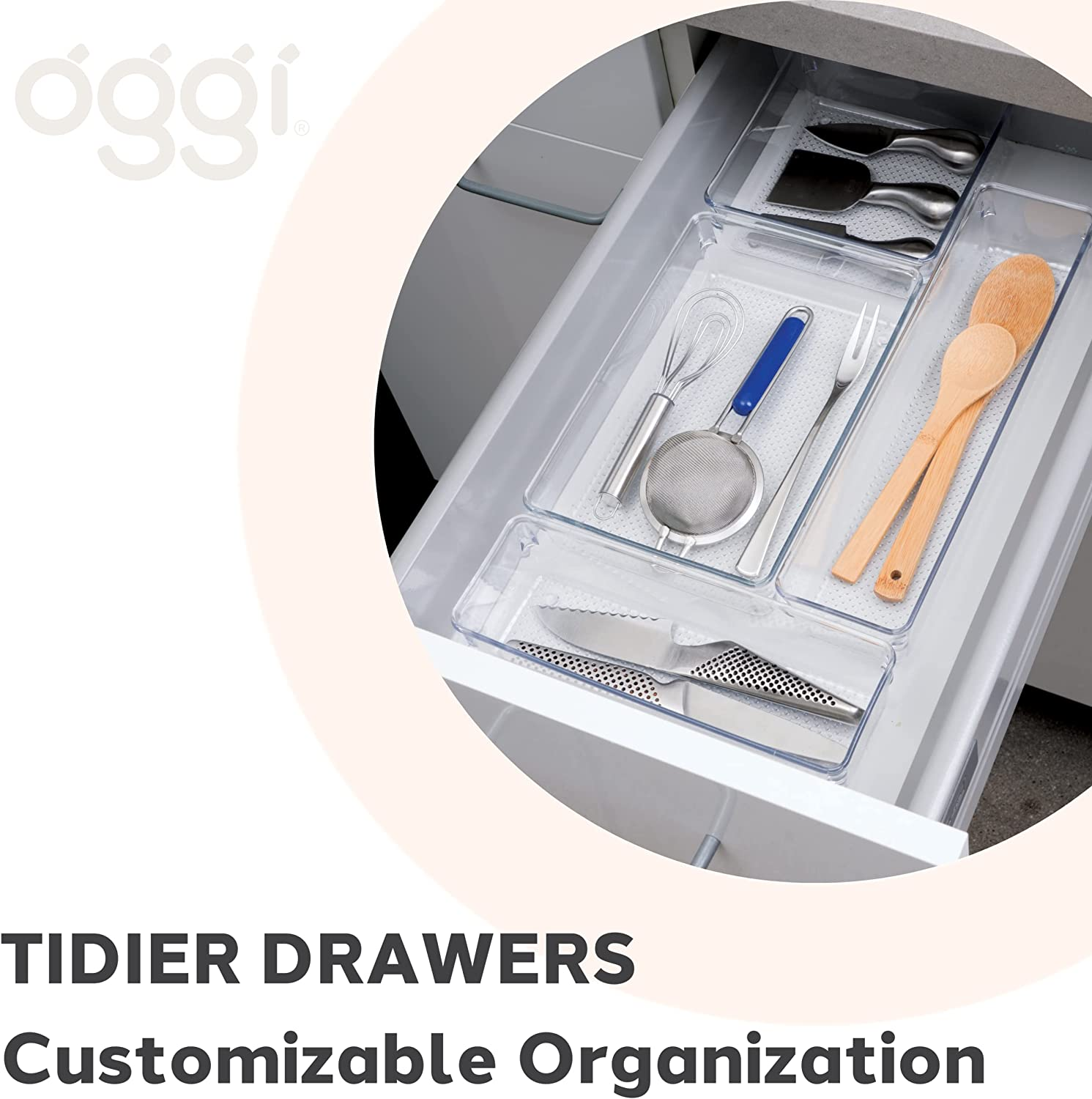 Oggi Set of 3 Clear Drawer Organizers - (1) 6X6.25, (1) 6.25X9.25, (1) 6.25X15.75 - Ideal for Organizing Kitchen Drawers, Office, Desk, Silverware, Kitchen Utensils, Cosmetics and Bathrooms image number 5