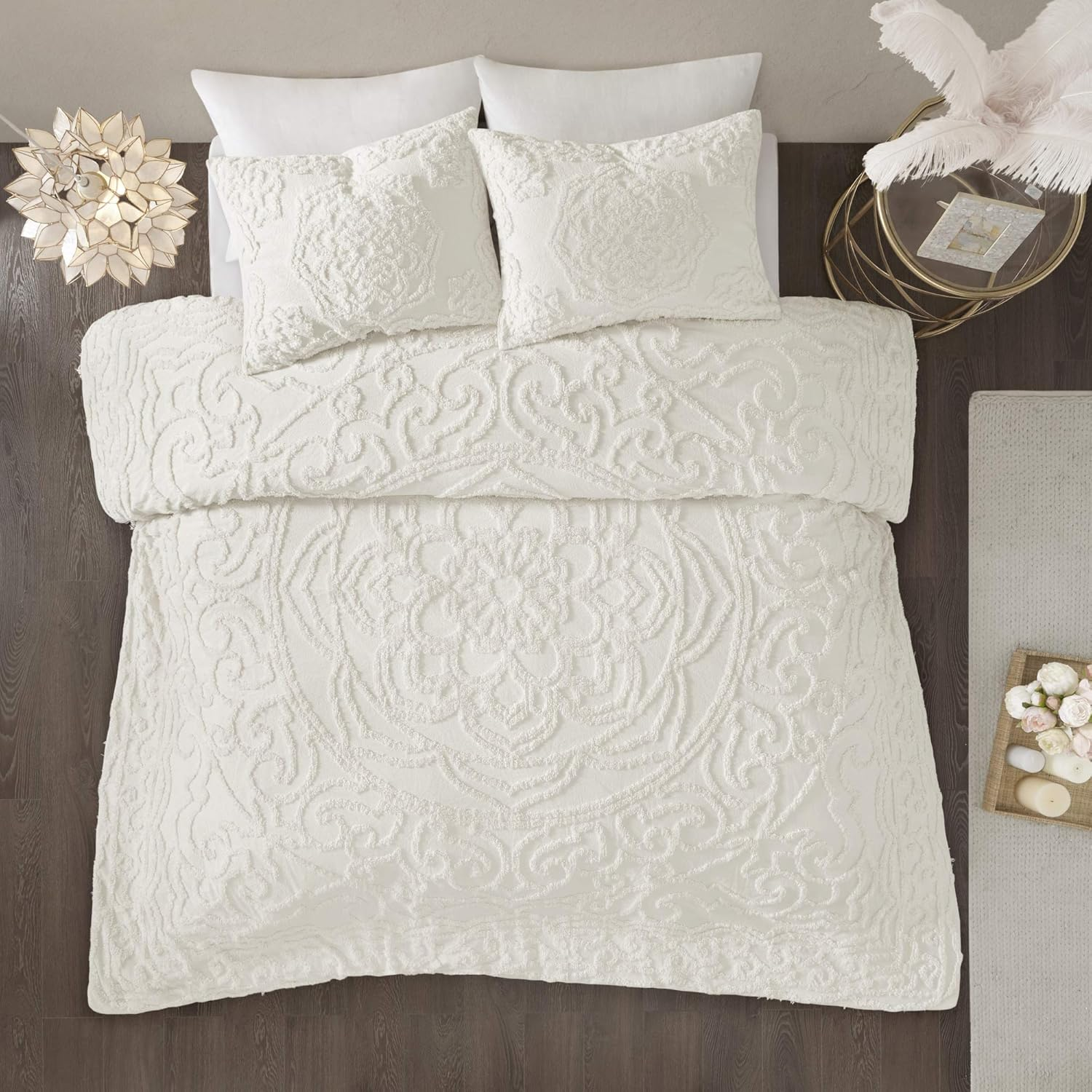 Madison Park Laetitia Comforter Bohemian Tufted Cotton Chenille, Medallion Shabby Chic All Season down Alternative Bed Set with Matching Shams, Floral off White Full/Queen(90"X90") 3 Piece image number 2