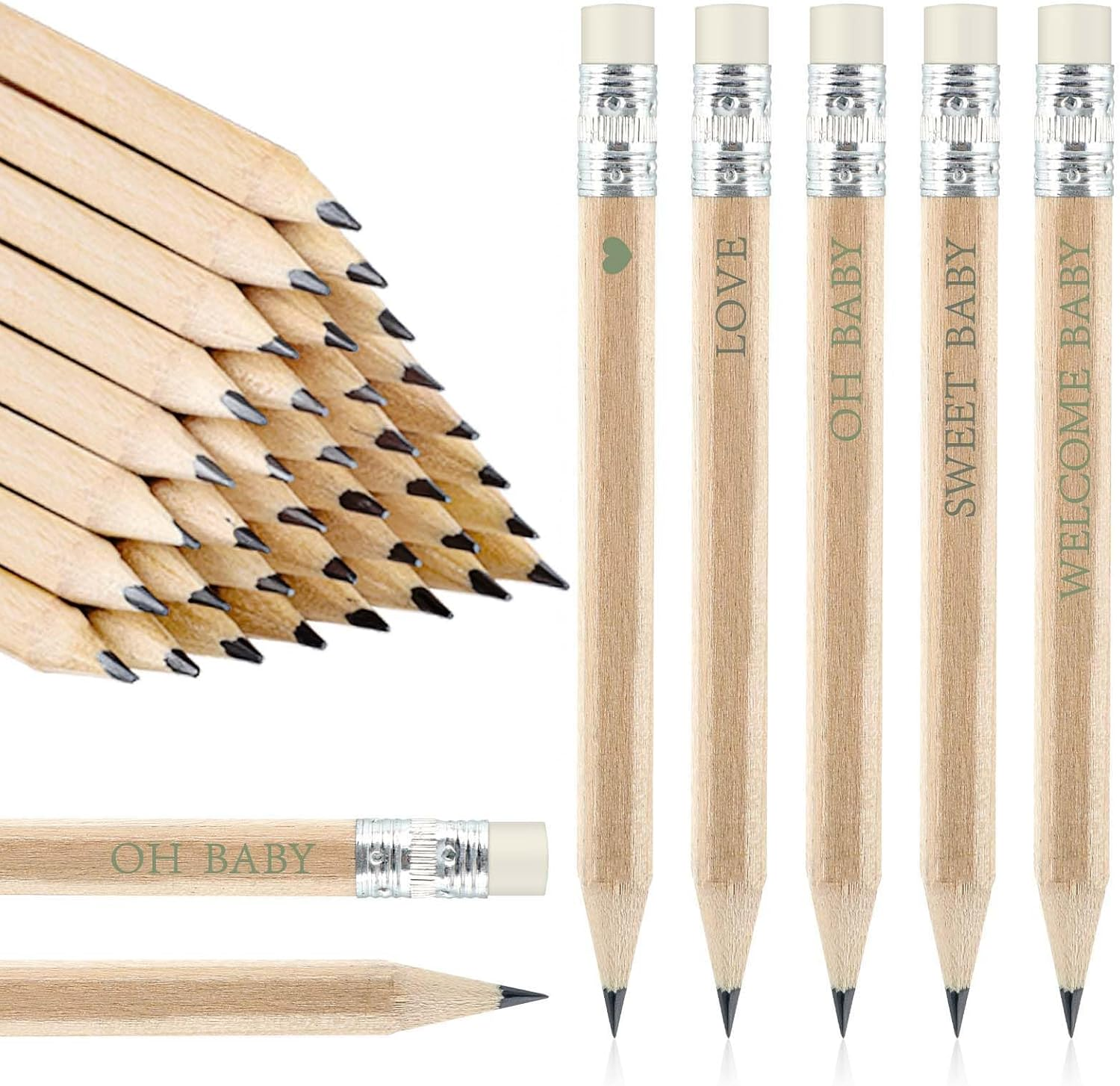 50 Sets Sage Green Baby Shower Pencils Gifts Bulk for Guest Boho Golf Half Pencil Baby Shower Game Sharpened Mini Pencils with Eraser Girl Boy Neutral Gender Reveal Party Favors image number 3