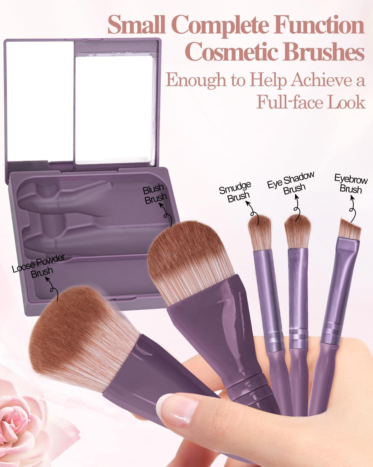 PGRODE Travel Size Makeup Brushes Mini Set with Hard Case and Built-In Mirror, 5Pcs Small Cosmetic Brushes, on the Go Brush Travel Essentials Kits for Women, Girls Gift (Dark Purple)
