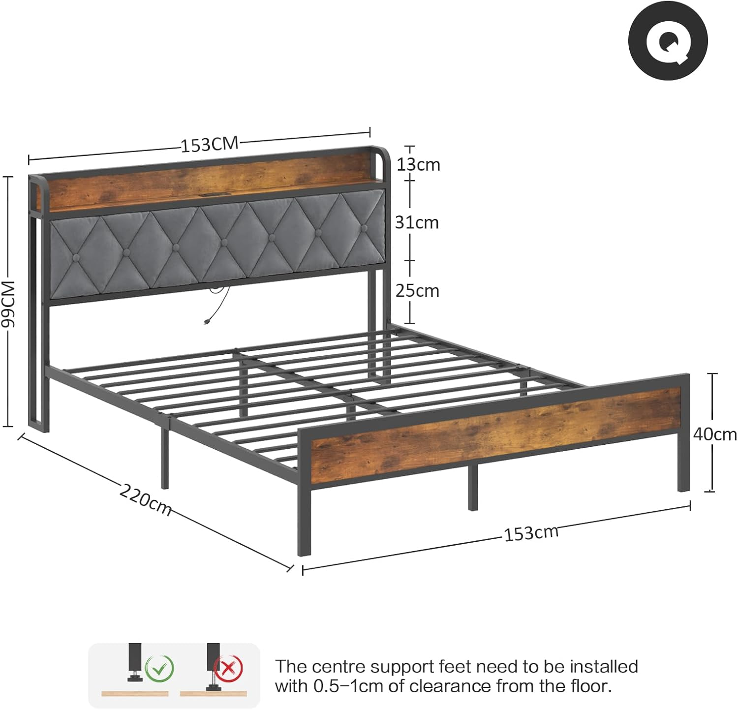 Ufurniture Bed Frame Queen Size Metal Frame Storage Headboard with Charging Station and USB Ports Retro (Queen) image number 2