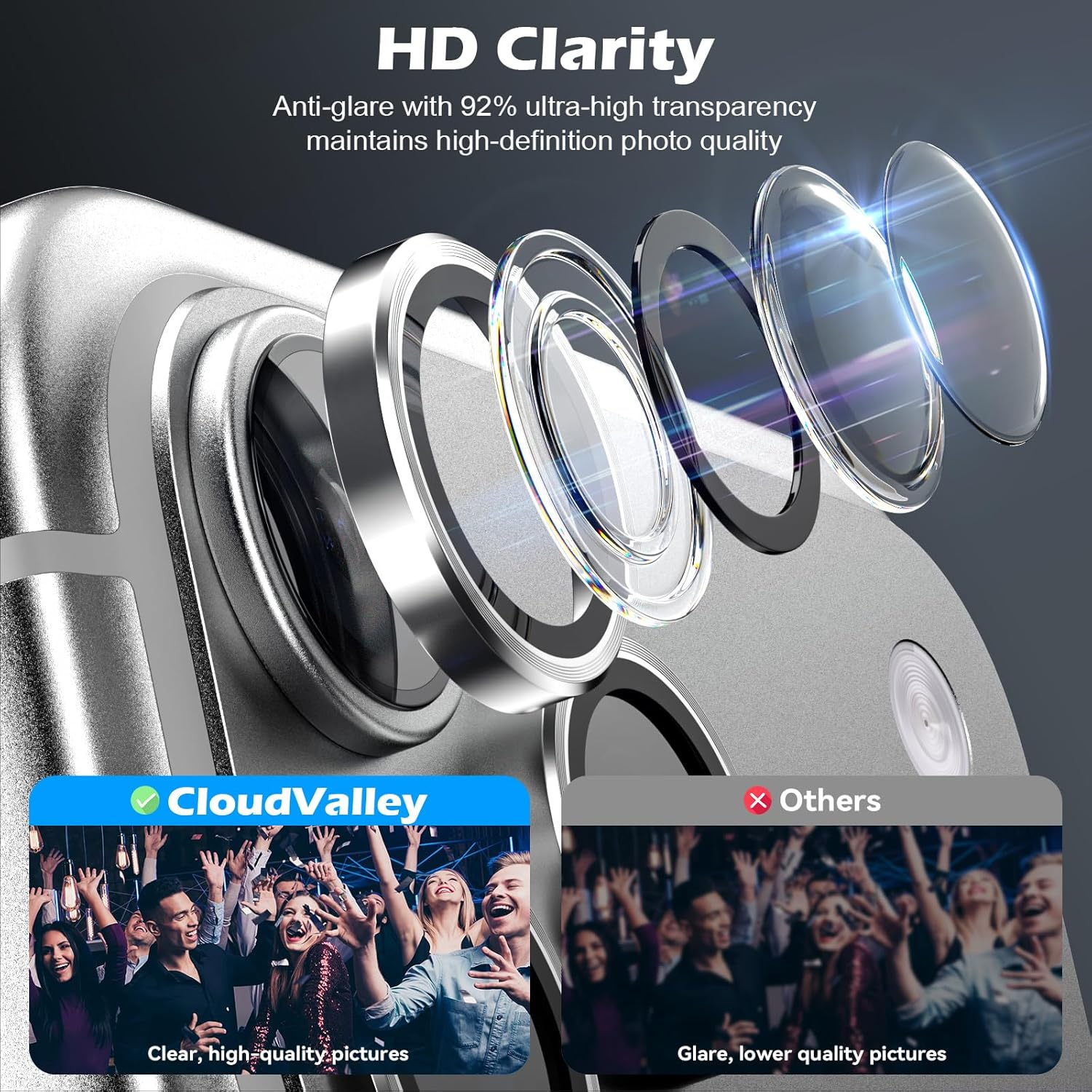 Cloudvalley for Iphone 17 Pro/Iphone 17 Pro Max Camera Lens Protector, [1 Second Installaion] Ultra-Hd Tempered Glass Cover, [Case-Friendly] Metal Lens Screen Protective Ring,Titanium Silver - Glitter Black image number 3