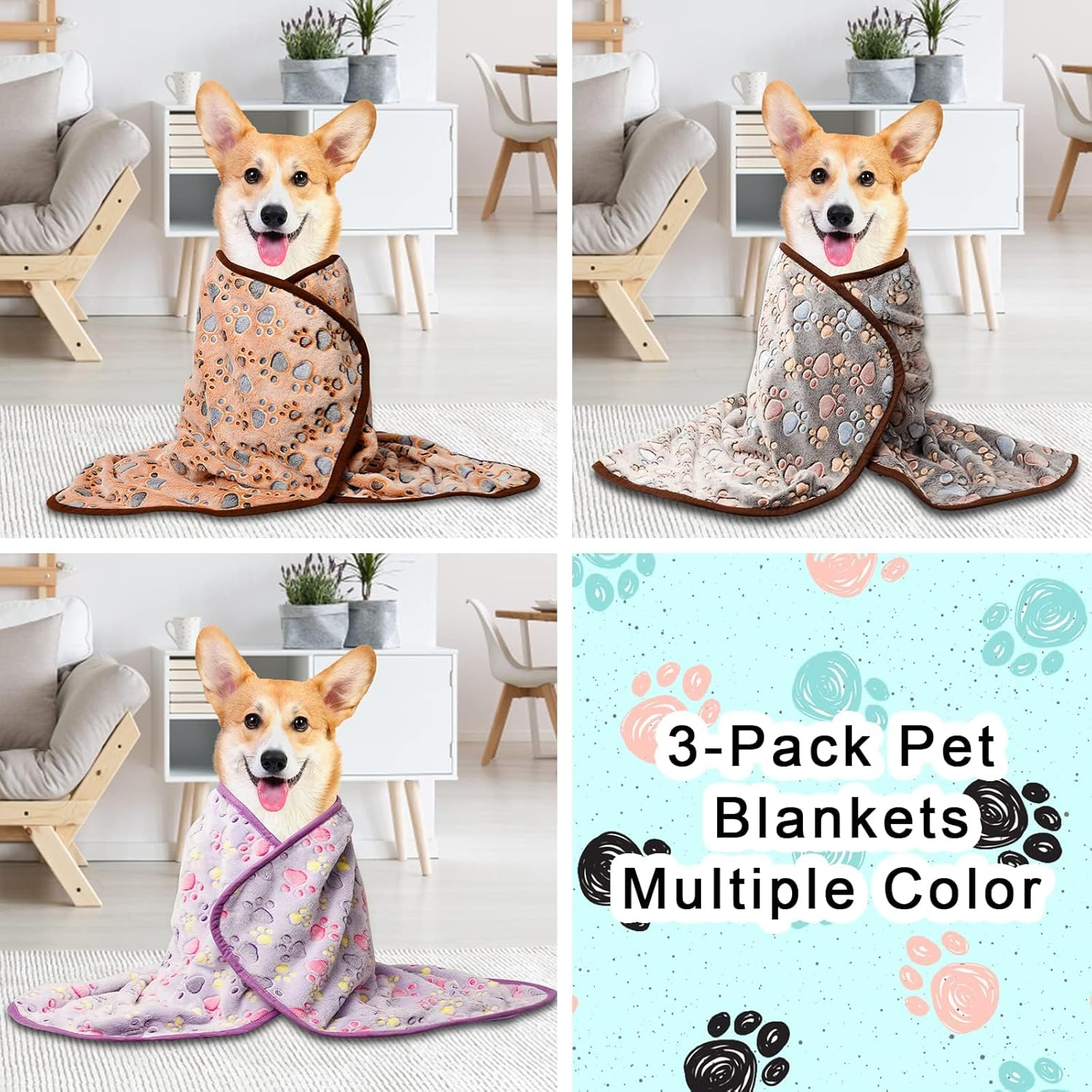 BLAZDEVE 3 Pack Pet Dog Blankets, Soft Fuzzy Flannel Pet Blankets, Washable Soft Warm Pet Blankets for Pets, Paw Print Puppy Fluffy Flannel Blanket for Couch Bed Car (L 104 * 76Cm) image number 4