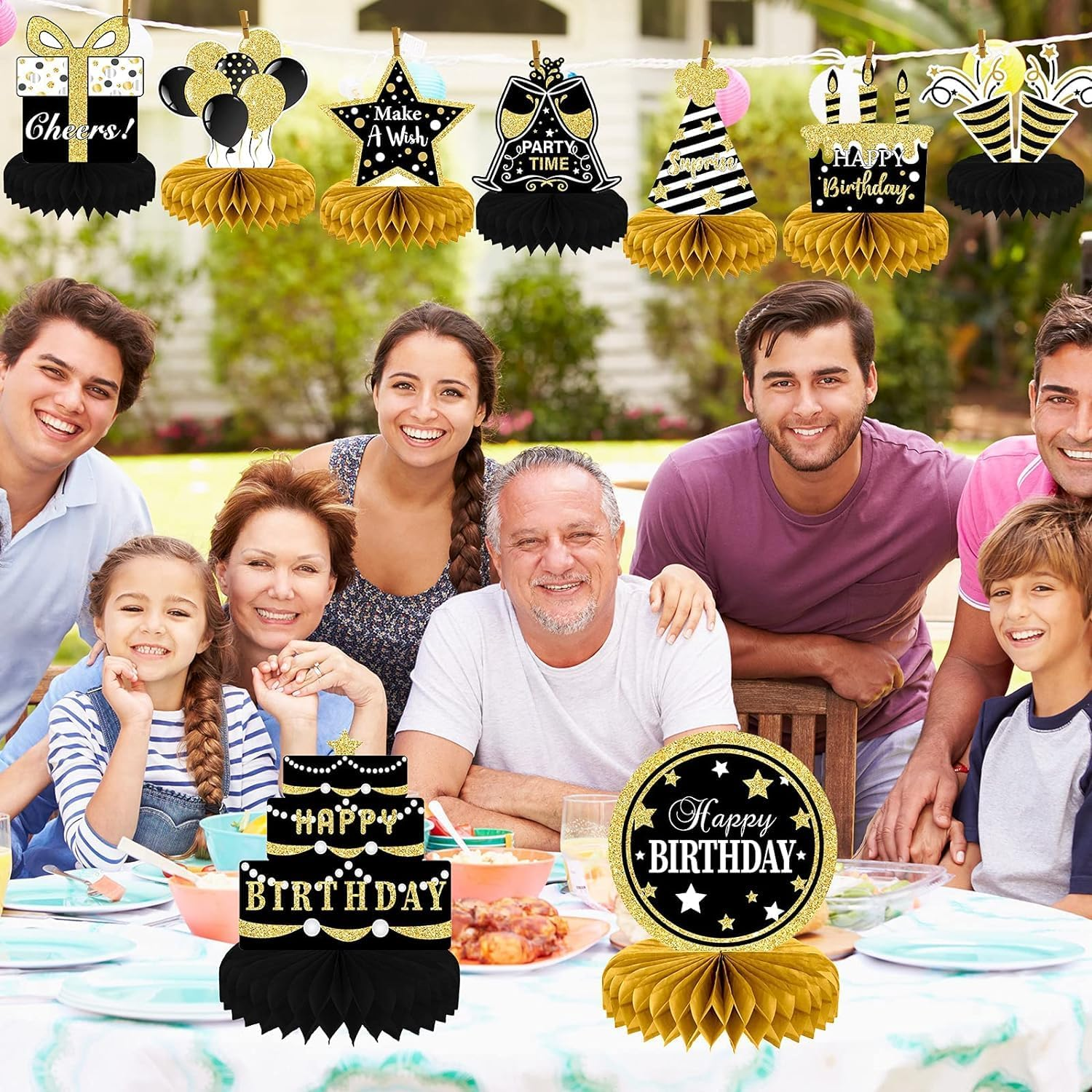 9PCS Black Gold Birthday Centerpieces for Tables Decorations Happy Birthday Honeycomb Table Topper for Party Supplies, Black and Gold, 20*20*1Cm image number 4