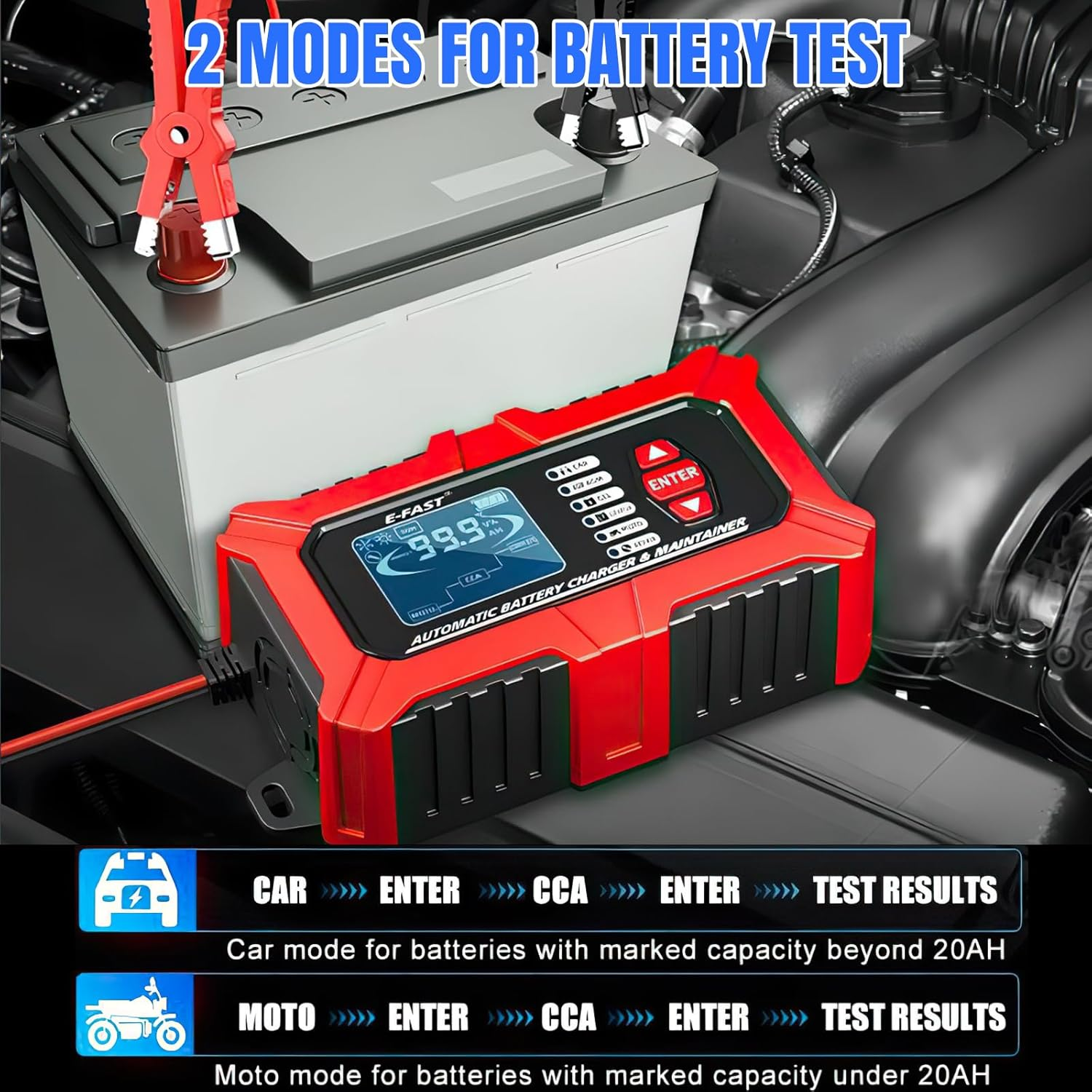 B-Qtech 12V/6A Smart Automatic Battery Charger with Tester/Maintainer Function, LCD Display for Car, Truck, Motorcycle, Lawn Mower, Boat, RV, SUV, ATV image number 3