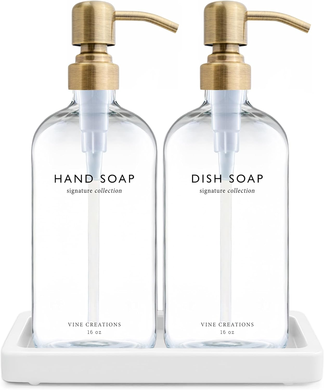 Vine Creations Glass Soap Dispenser Set, Kitchen Soap Dispenser Set with Ceramic Tray, 16 Oz Dish Soap and Hand Soap Dispenser Set with Stainless Steel Pump Decor (White Bottle/Brushed Brass) image number 1