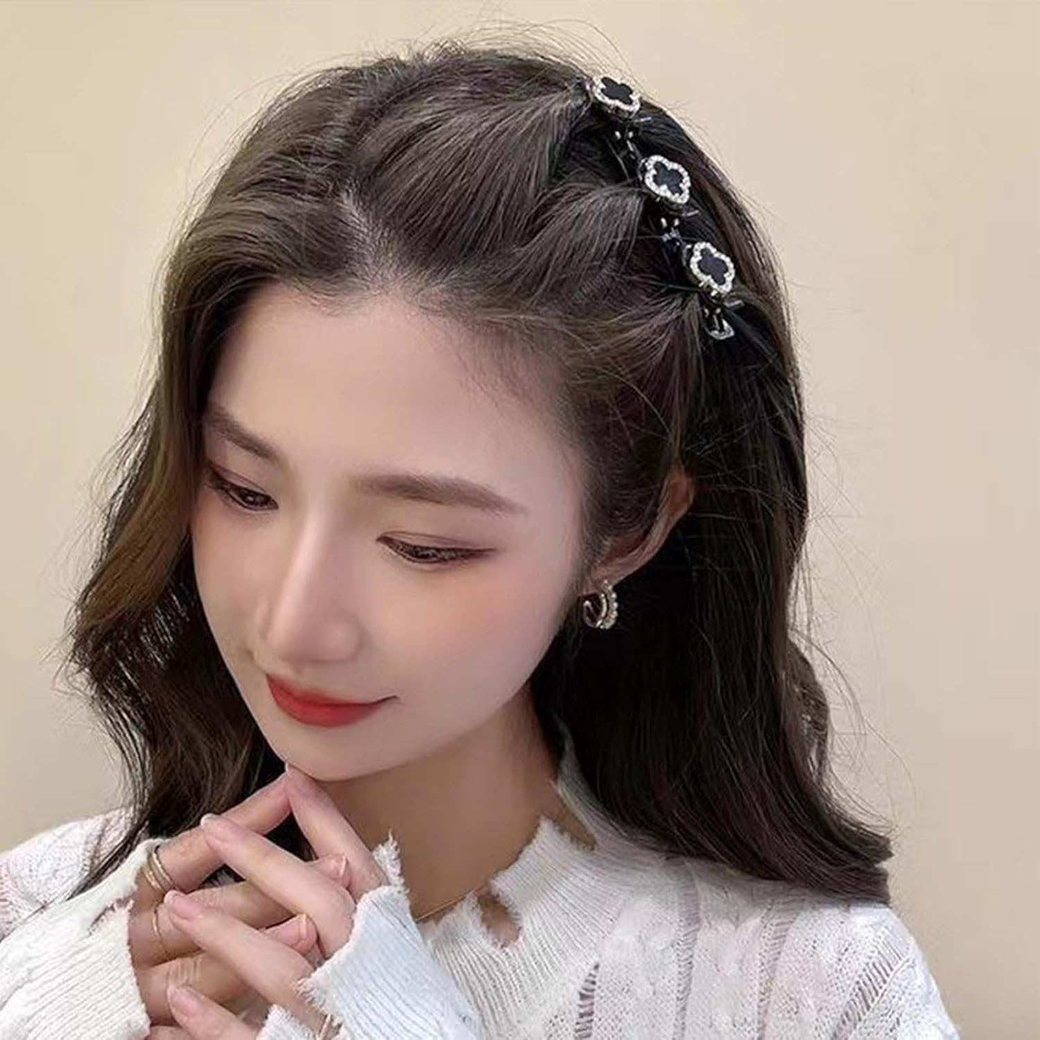 Braided Hair Clips with Sparkling Crystal Stone and 3 Small Clips Beaded Hair Pin Duck Bill Clip Braided Hair Clip with Rhinestones for Women as a Gift (Style: F) image number 2