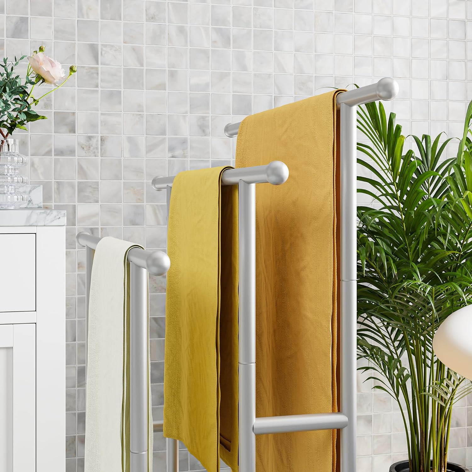 Tall Free Standing Towel Racks for Bathroom Towel Rack Stand with Storage Basket,3 Tiers Floor Bath Towel Holder,Anti-Rust Chrome Ladder Towel Bar,Silver image number 5