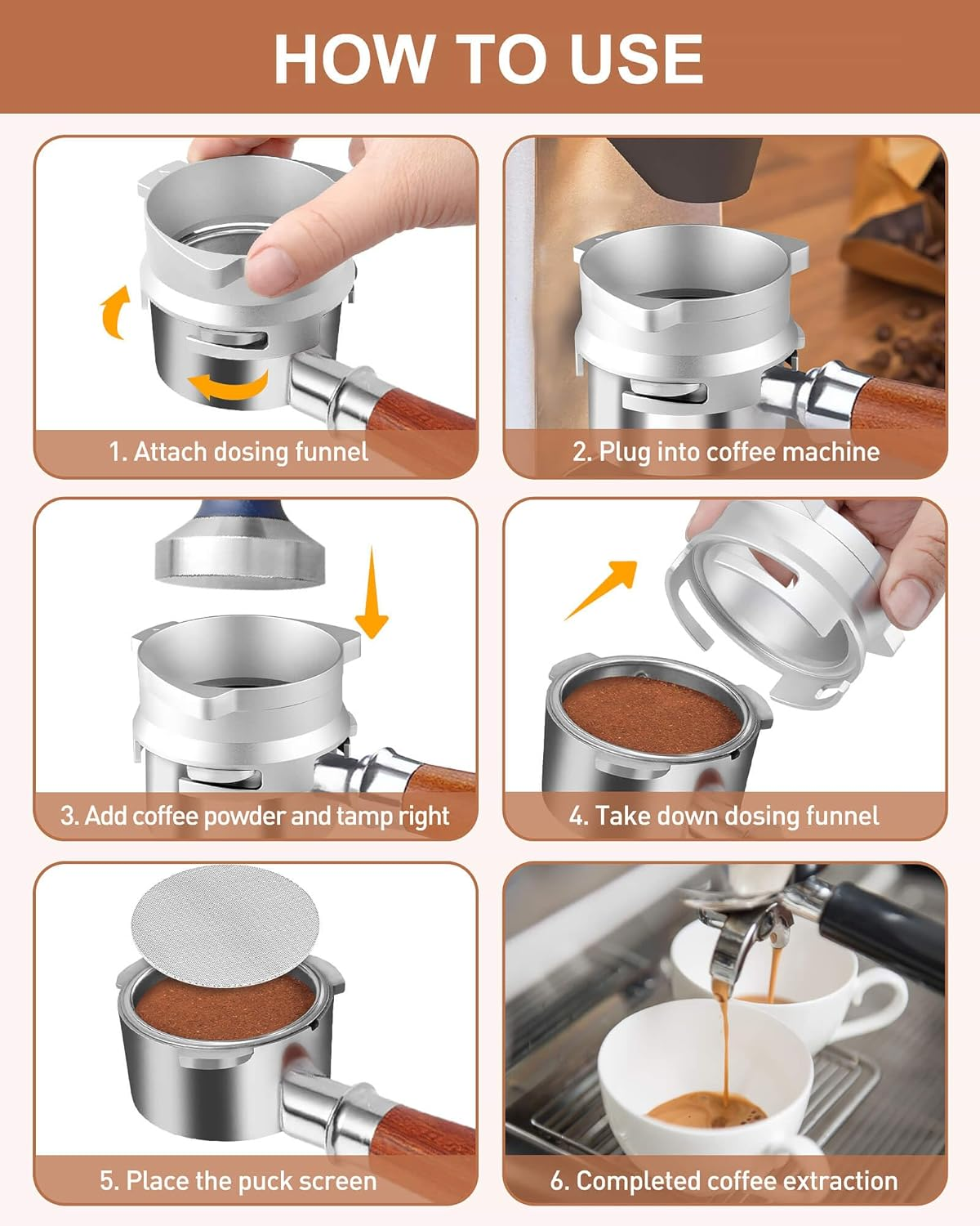 Vomika 54Mm Coffee Dosing Funnel, Hands-Free Aluminum Dosing Ring & 53.5Mm Stainless Steel Puck Screen, Espresso Accessories Suitable for 54Mm Breville Barista Portafilters, with Grinding Trigger image number 3