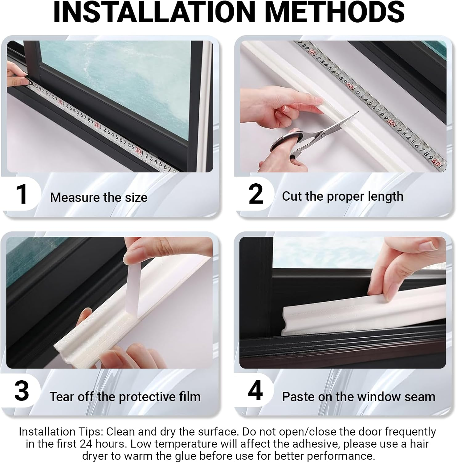 2 Pack Draft Stopper Sweep, 13.12 Ft Window Seal Strip, Self-Adhesive Door Waterproof Stripping, Cuttable Window Weather Stripping, Soundproof Seal Strip (White, 2 Pcs &times; 6.65 Ft) image number 3