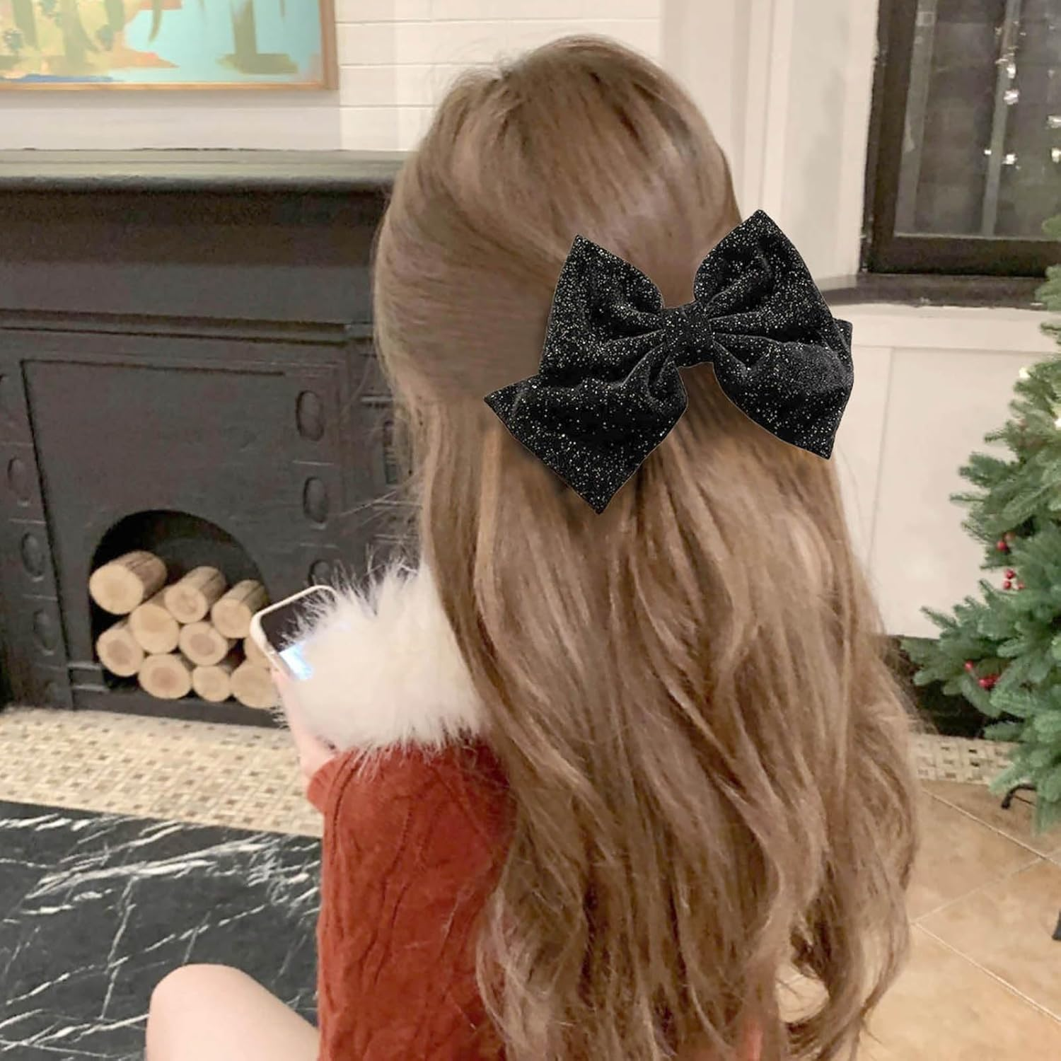 Hair Bows for Women Velvet Bow Hair Clips Sparkling Bow Clips Cute Hair Bow Clips French Hair Band Bow Prom Bows Party Wedding Bow Clip Black Red image number 2