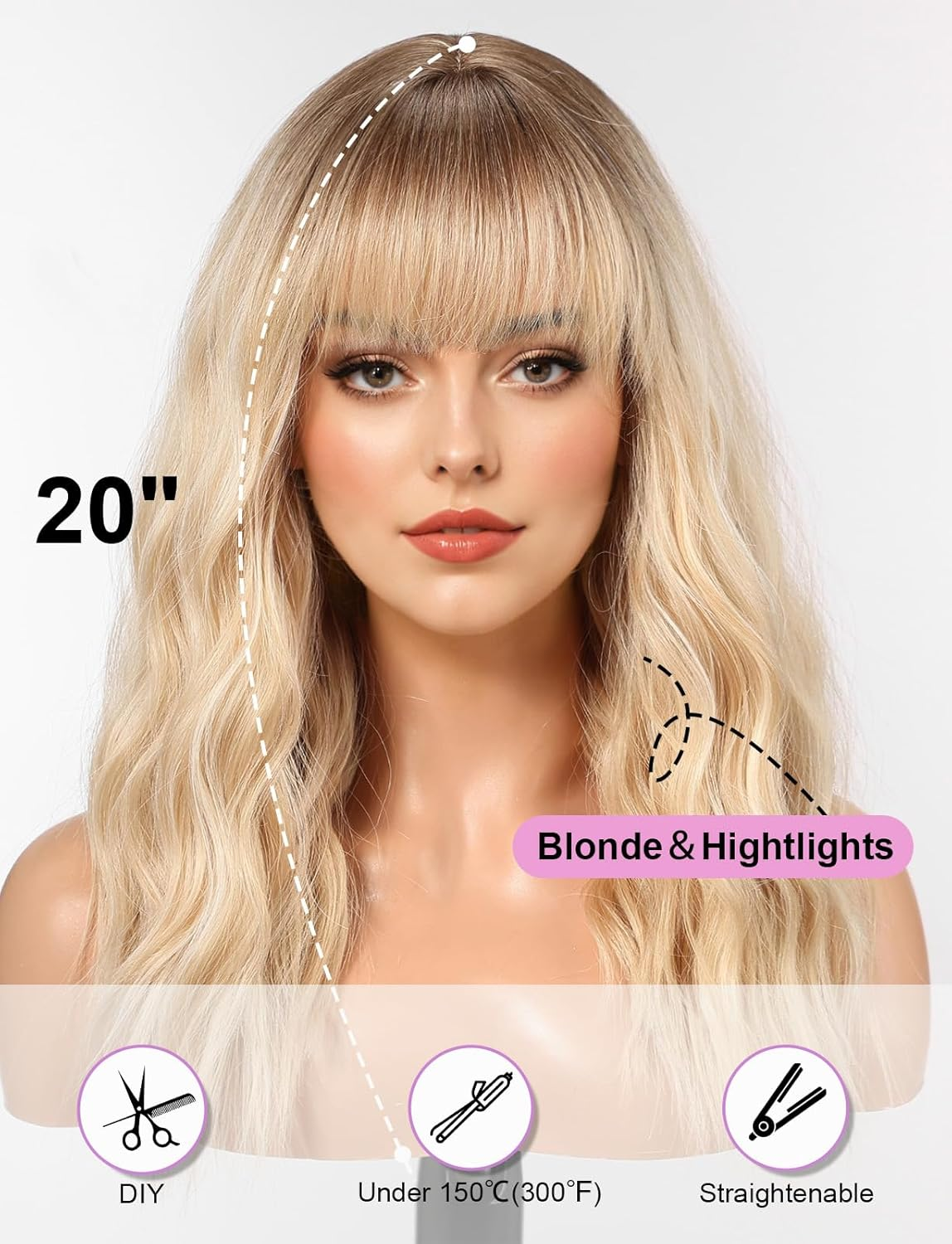 WOKESTAR Long Wig with Fringe Synthetic Wavy Wigs for Women Blonde with Highlights Color image number 3