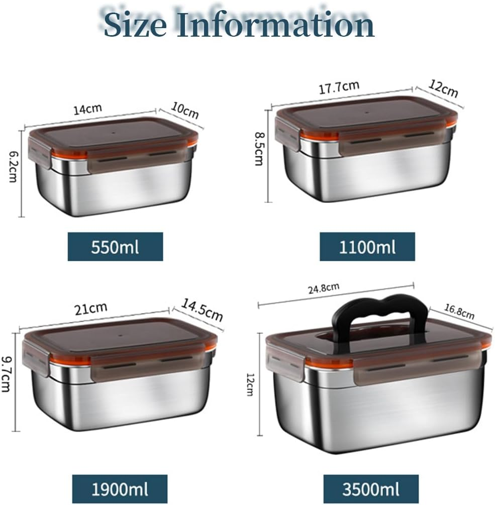 SYAMEET 4-Pack Food Storage Containers with Airtight Lids,Stainless Steel Bento Lunch Box, Leak-Proof Metal Food Storage Boxes for Kitchen, Fridge & Travel, 550Ml/1100Ml/1900Ml/3500Ml Sizes, Bpa-Free image number 2