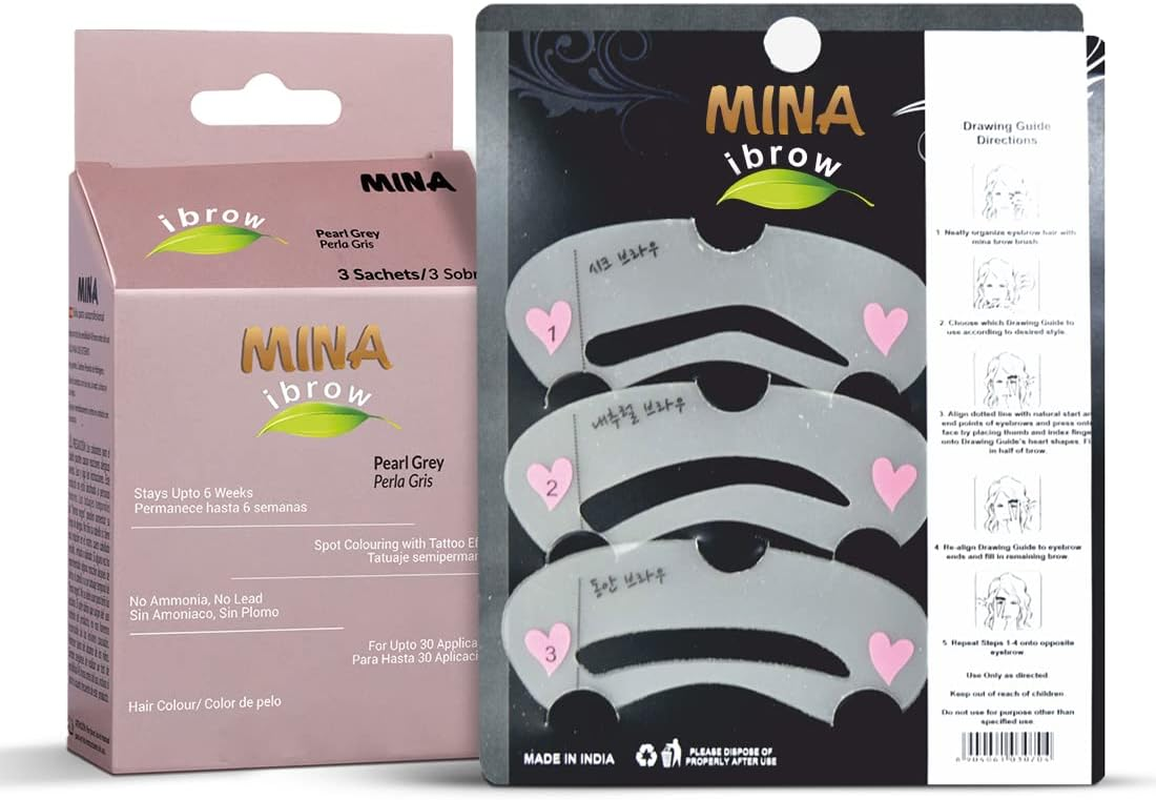 Mina Ibrow Henna Pearl Grey Regular Pack & Tinting Kit for Eyebrow Colours with Eyebrow Stencils (Combo Pack) (Pearl Grey) image number 3