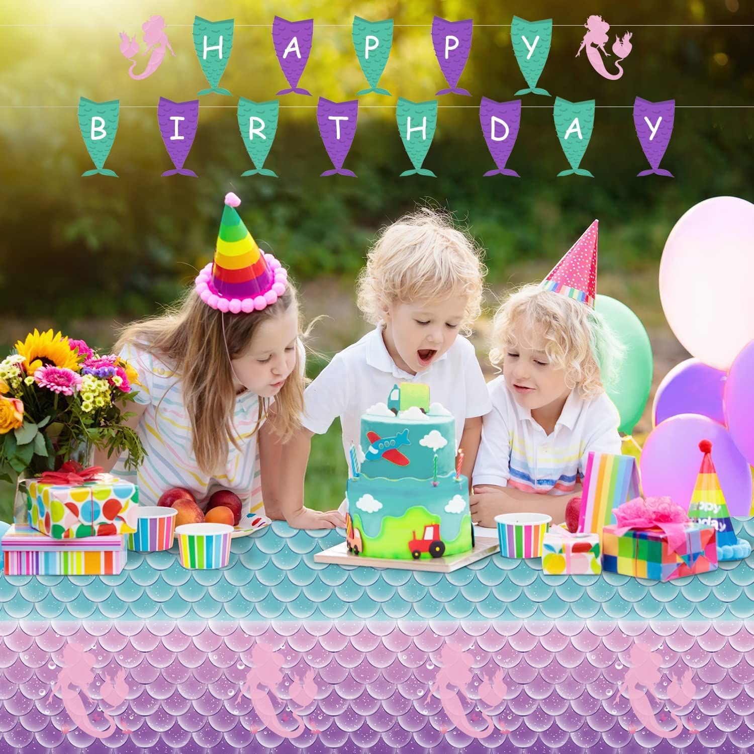 Jectivs 6Pcs Mermaid Birthday Party Tablecloth Decorations,Disposable Plastic Table Cover for Princess under the Sea Baby Shower Themed Kids Birthday Party Supplies,108X54 Inch image number 1