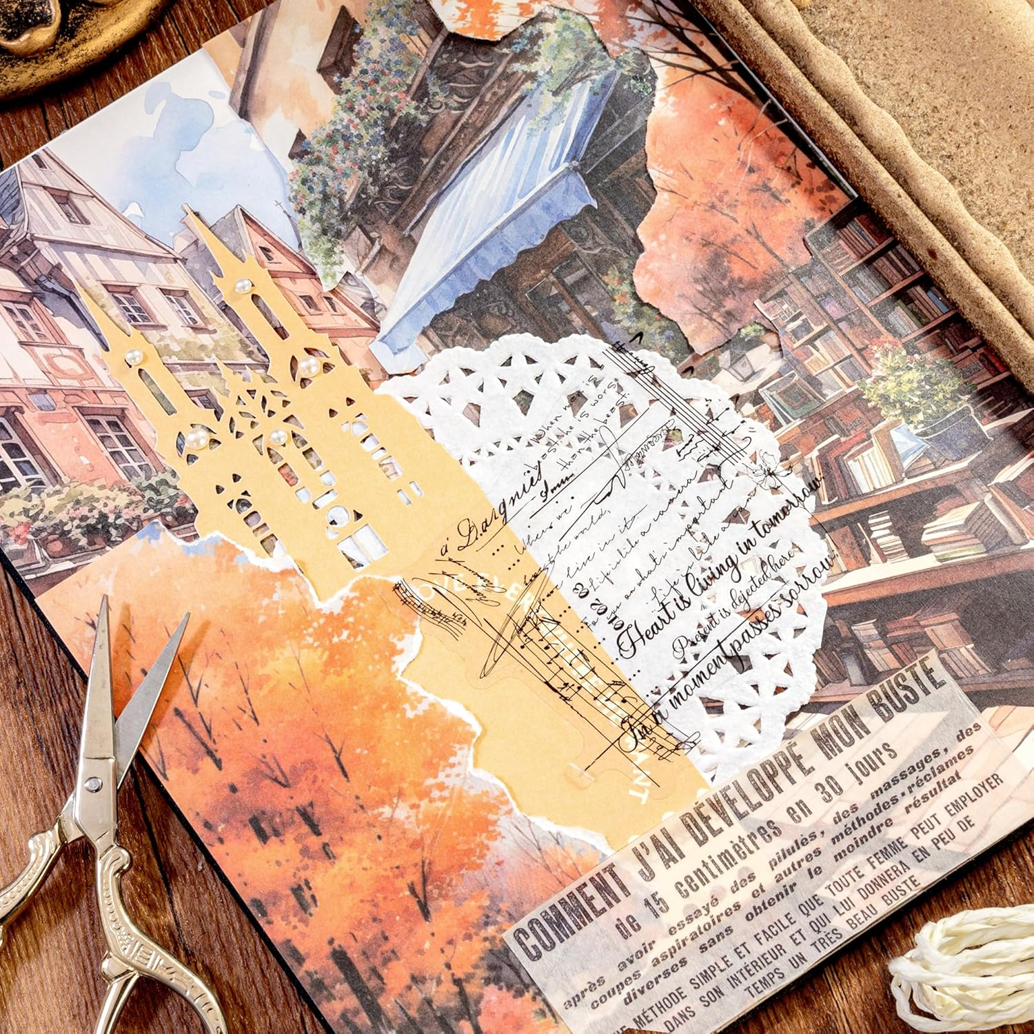 2 Packs Scrapbook Paper Street Natural Scenery Decoupage Background Paper Vintage Watercolor Style Collage Paper with Sticky Pearl for Journal Planner Card Making Crafting Collaging Wrapping (Alva) image number 5