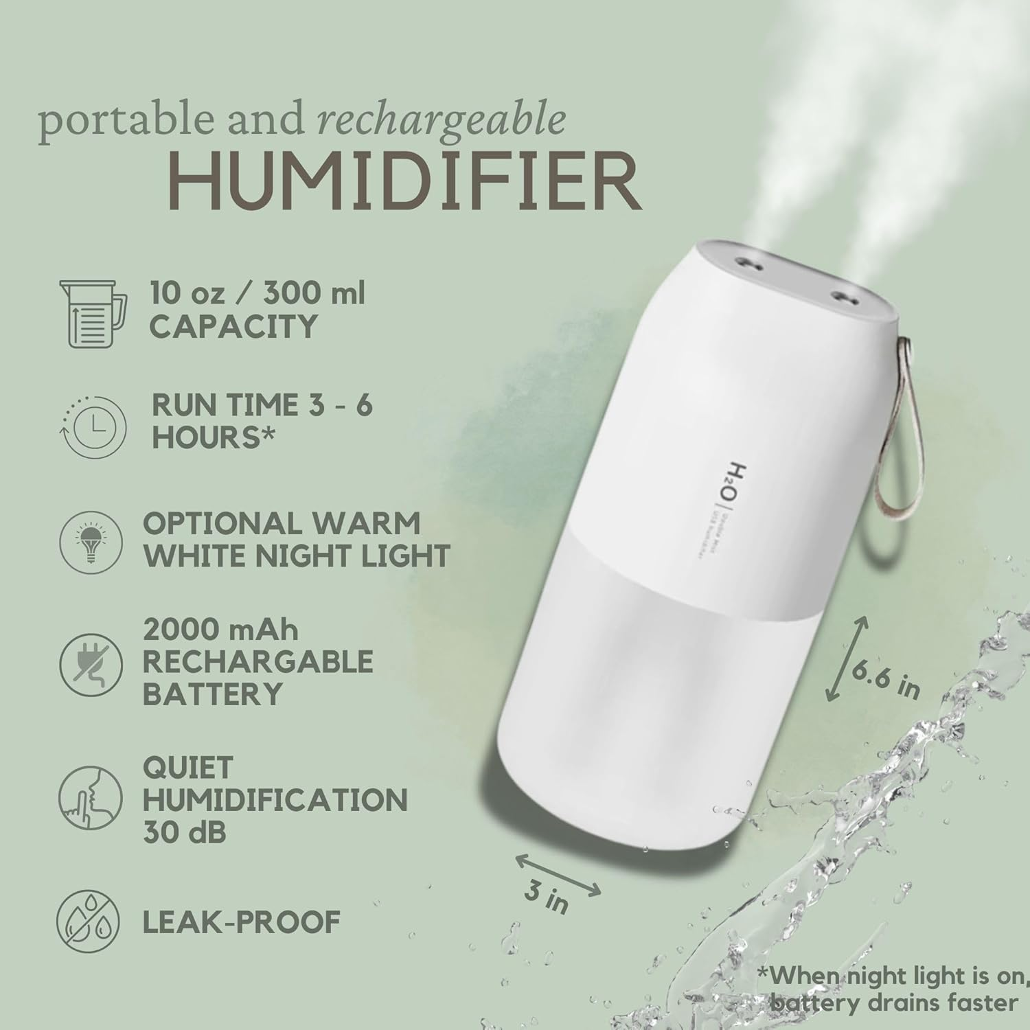 JOYFULNEST CO. Portable Humidifier &ndash; 300Ml Double & Single Mist, USB-C Rechargeable 2000Mah Battery, Quiet Night Light, Leak-Proof & Travel Humidifier for Car, Office, Bedroom, Baby & Dry Air Relief image number 6