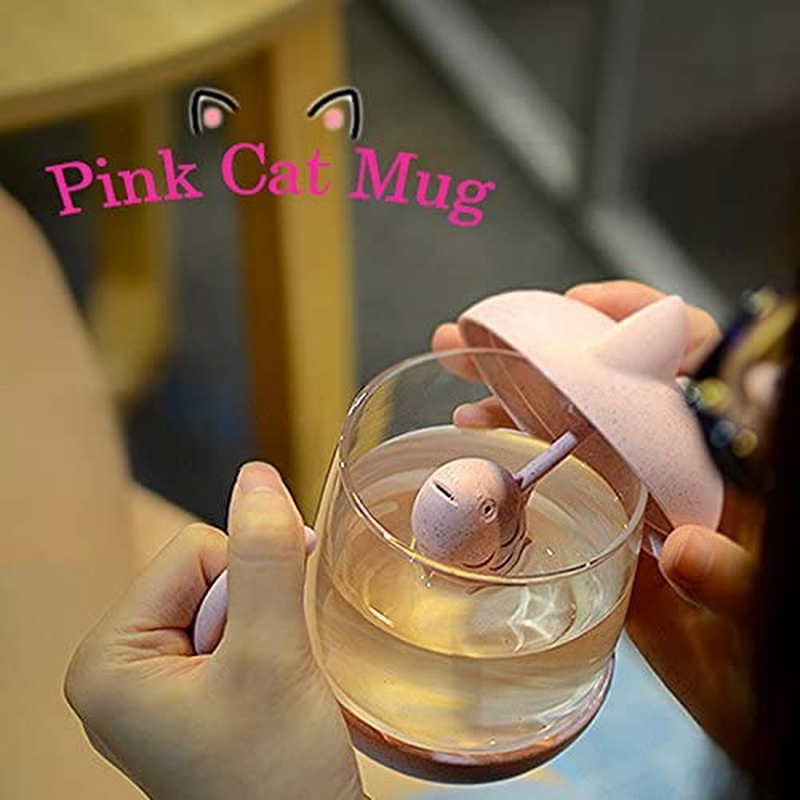 Cat Glass Tea Mug Water Bottle-With Fish Tea Infuser Strainer Filter 250ML（8OZ） (Pink) image number 2