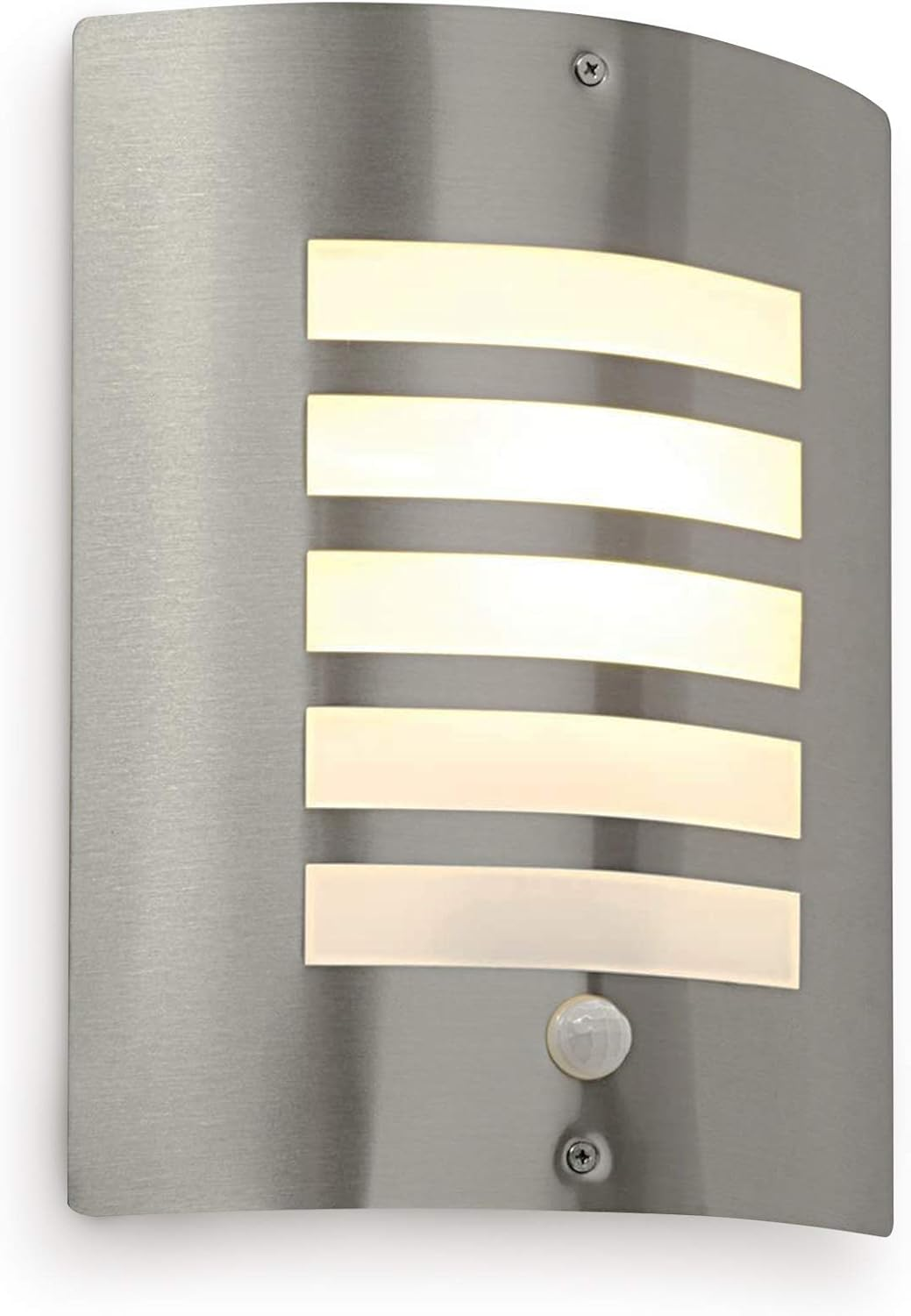 Bianco Stainless Steel and Frosted Opal Lens Curved IP44 Rated PIR Motion Sensor Outdoor Garden Wall Mounted Security Light image number 1