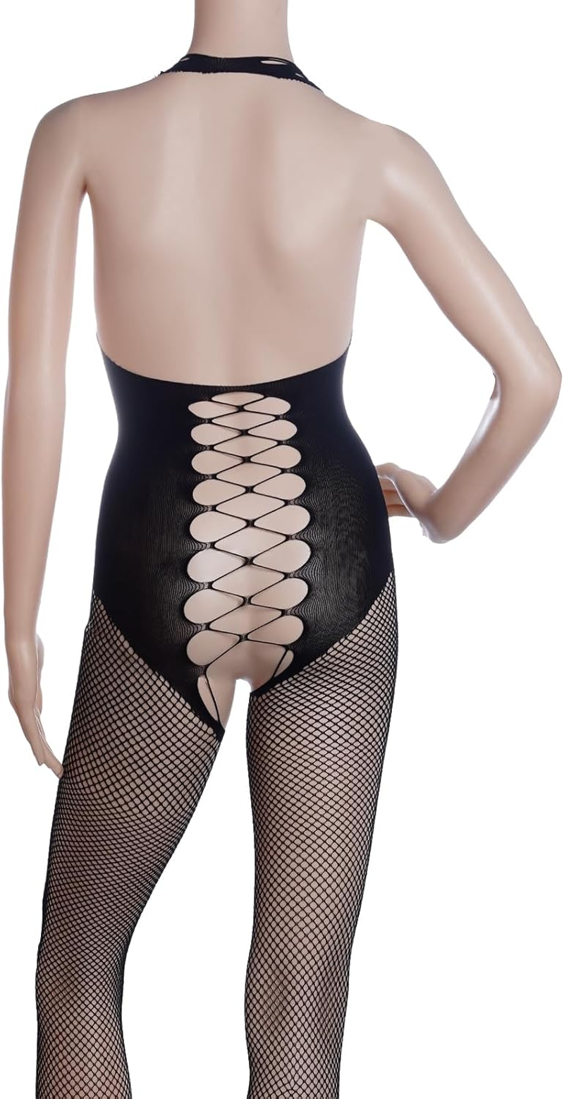 Fengek 3 Packs Women Fishnet Bodysuits, Stockings Lace Sleepwear Lingerie for Couple Dating Nightwear, Black, Black image number 2