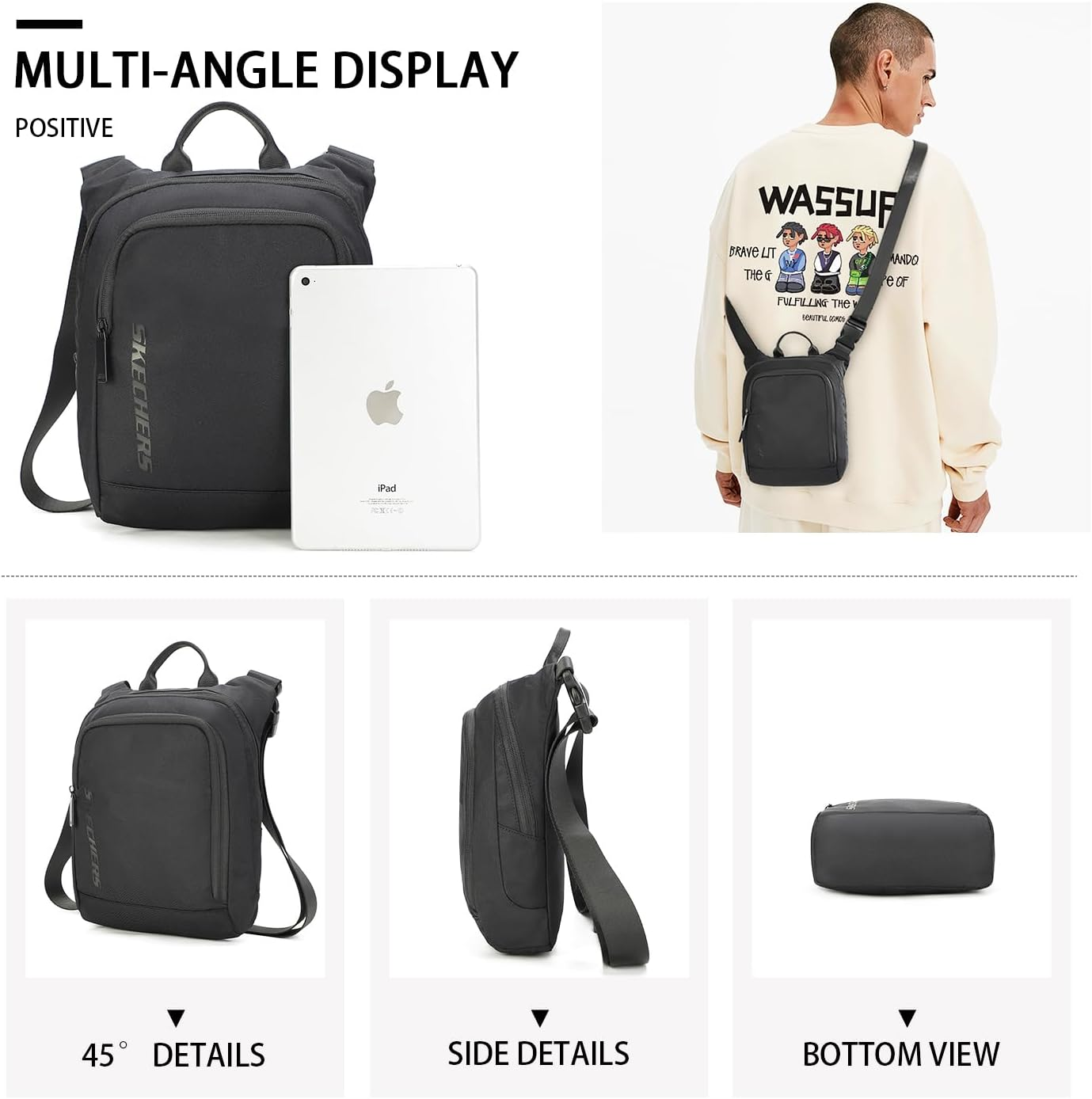 SKECHERS Men Casual Crossbody Messenger Bag, Waterproof Small Shoulder Satchel Bag for Travel Work, Lightweight Daypack Travel Passport Handbags Wallet Case for Cell Phone image number 4