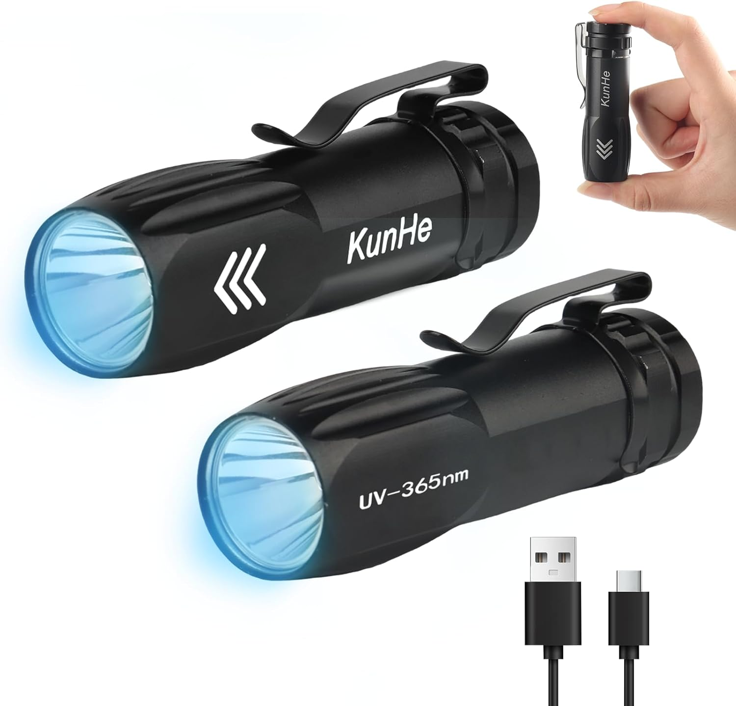 Kunhe 2Pack Mini UV 365Nm Flashlight 3W Rechargeable Powerful UV Flashlight for Hotel Cleaning Pet Stain Detection Scorpion Seeking Mineral Identification Resin Curing image number 4