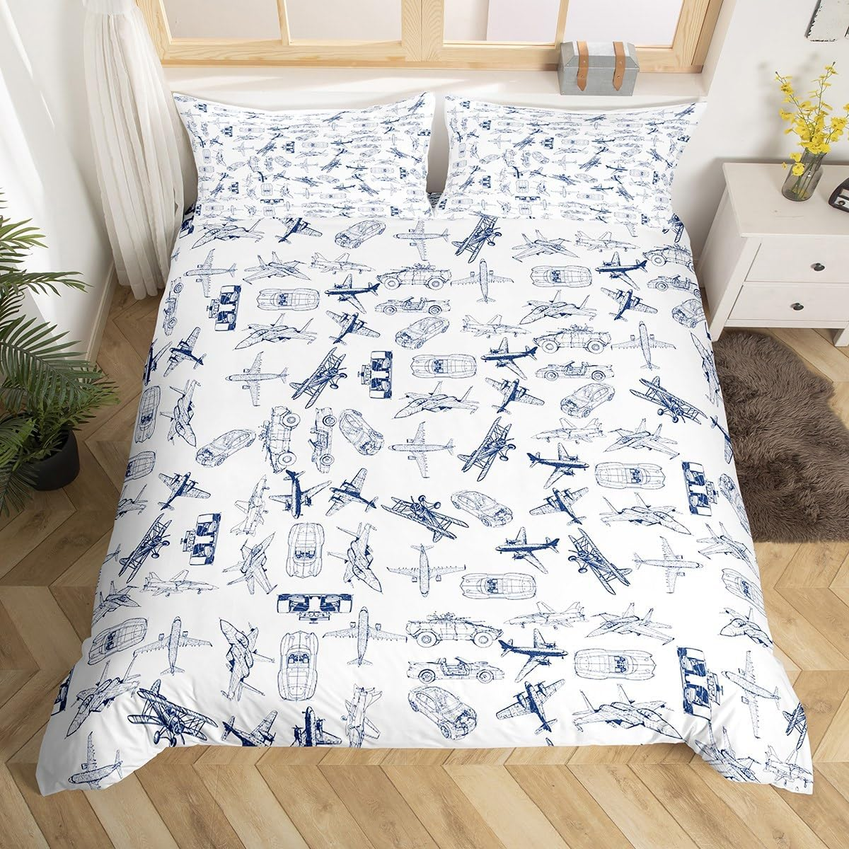 Aircraft Bedding Duvet Cover Set Kids Airplane Print Bedding Set Boys Girls Decor Aircraft Flying Comforter Cover Set Microfiber Sketch Style Blue White Bedspread Cover Bedroom Bedclothes Queen Size