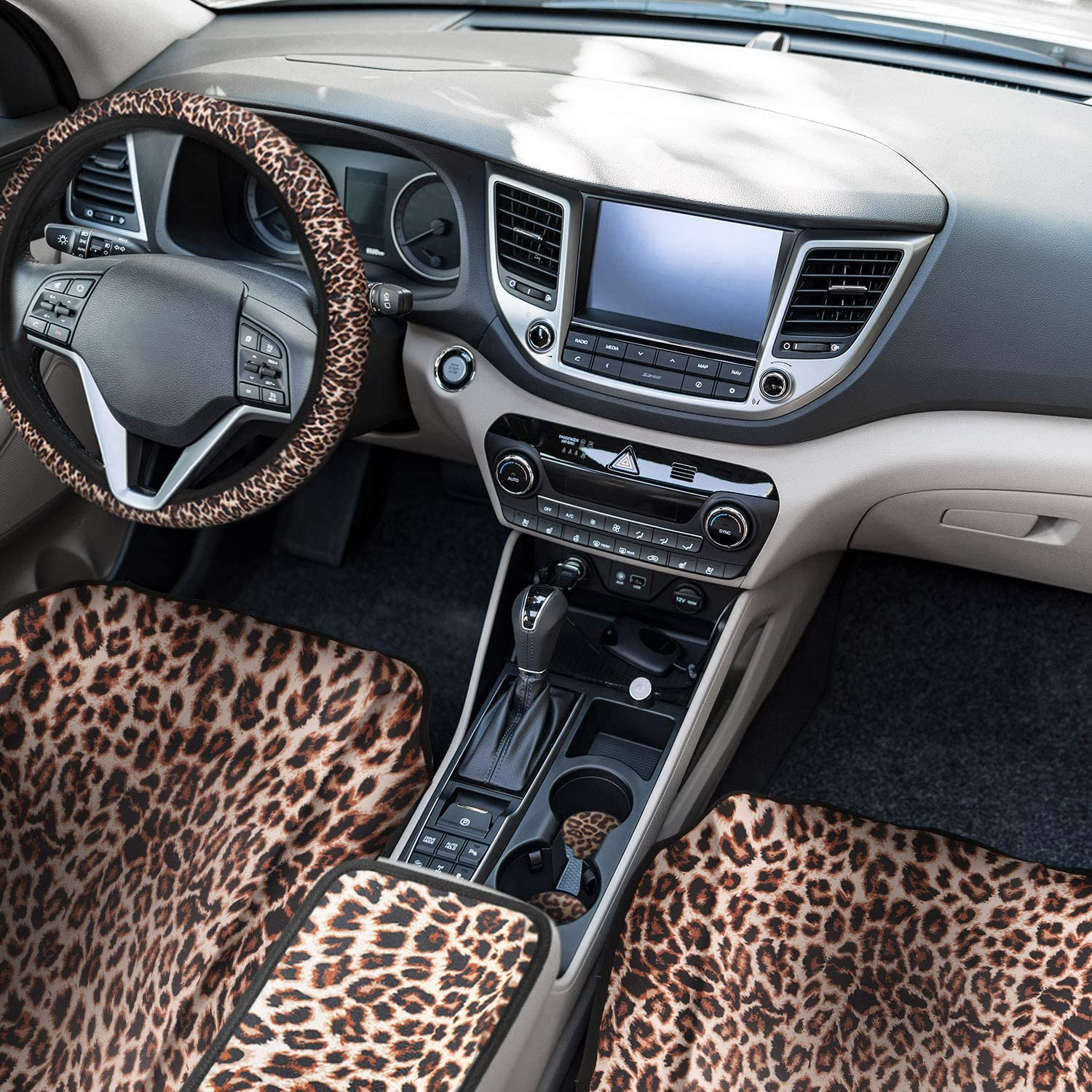 10 Pieces Leopard Print Car Decorations, Includes Leopard Front Seat Covers, Steering Wheel Cover, Leopard Car Coasters, Armrest Pad Cover Seat Belt Pads and Keychain Wrist Strap for Universal Cars image number 6
