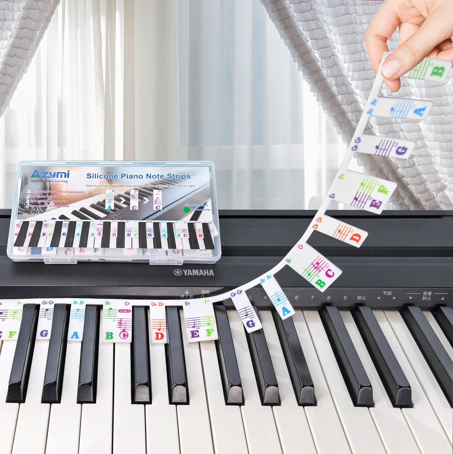 Silicone Piano Key Labels, Azymi Piano Note Guide 88-Key Full Size, Reusable Keyboard Notes Overlay Strips for Beginners with Multi-Color Large Bold Letter image number 3