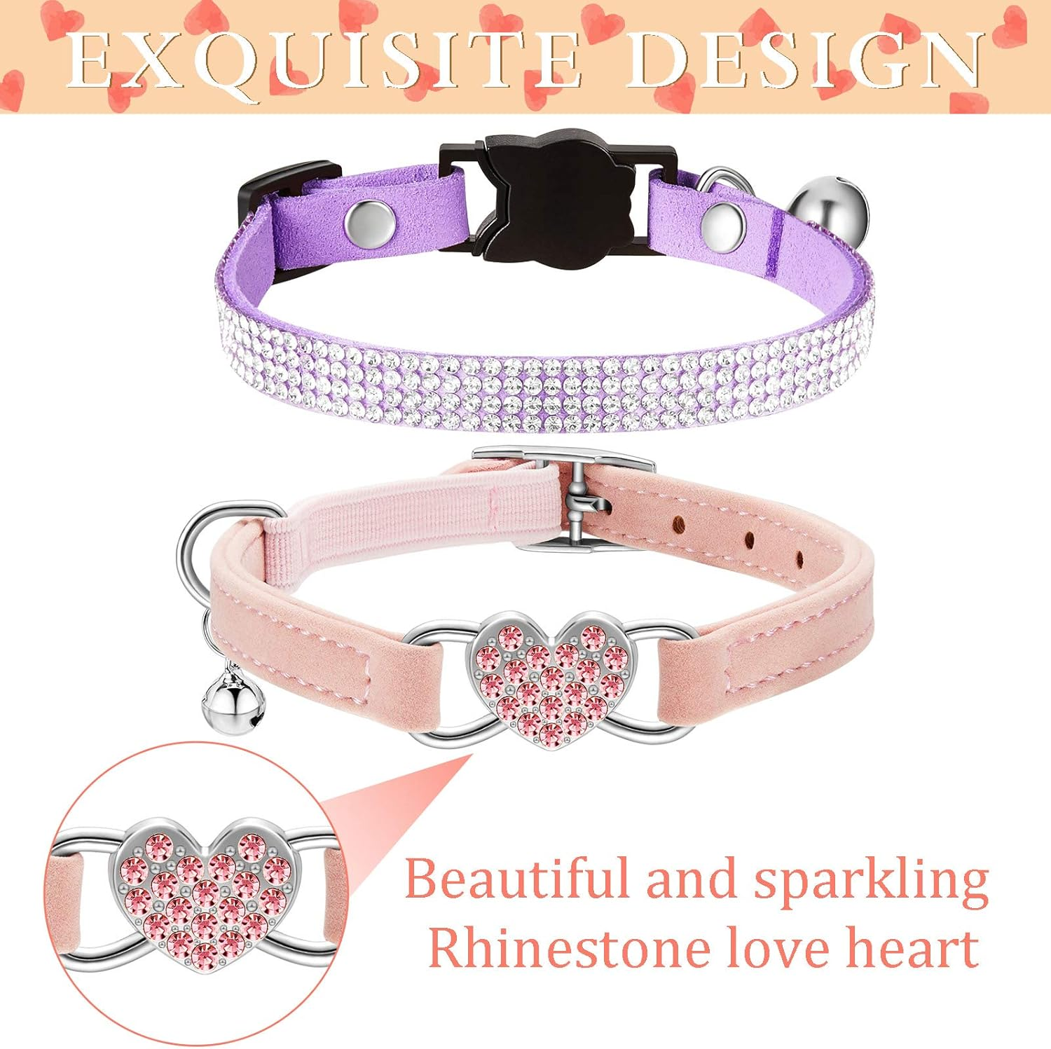 Weewooday 4 Pcs Rhinestone Cat Collar Heart Bling Breakaway Girl Cat Soft Velvet Fancy Adjustable Safety Kitten Collar with Bell for Kitty(Pink, Purple) image number 3