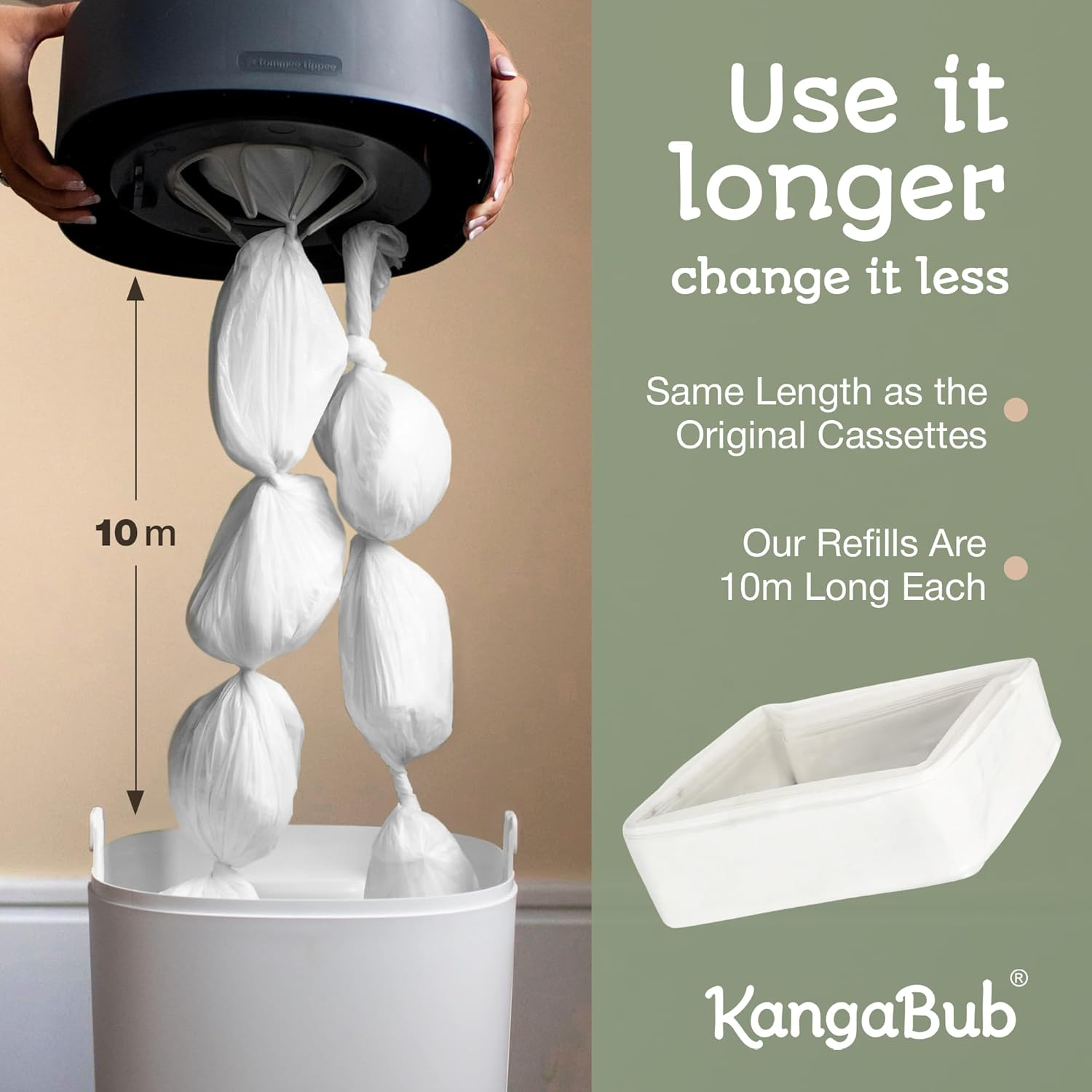 Kangabub 8-Pack 80M Nappy Bin Refills Compatible with Tommee Tippee Twist & Click, Sangenic Tec & Simplee Locks in Odours with Gas Barrier Film Eco-Friendly Package Fragrance-Free image number 5