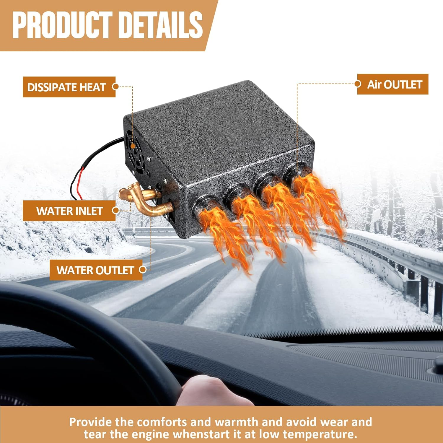 Therwen 12V Universal Car Auxiliary Heater Underdash Compact Heater Kit Winter Automotive Air Conditioner for SUV Utv Camper Defrosting & Heating(4 Ports) image number 5