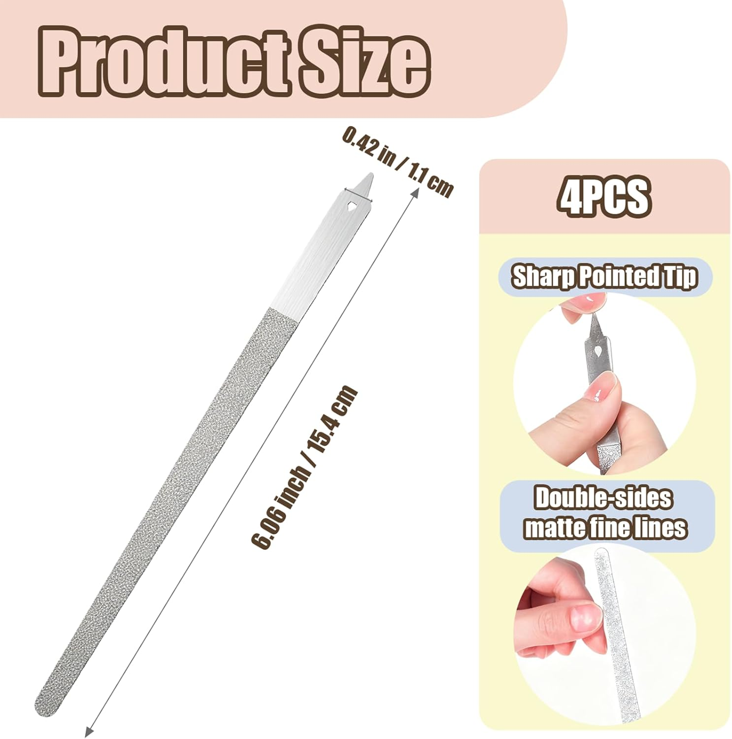 4 Pack Diamond Deb Nail File - Double Sided Stainless Steel Metal Nail Filer for Natural Nails - Professional Manicure Pedicure Tool with Sharp Tip for Women Men (6 Inch) image number 2
