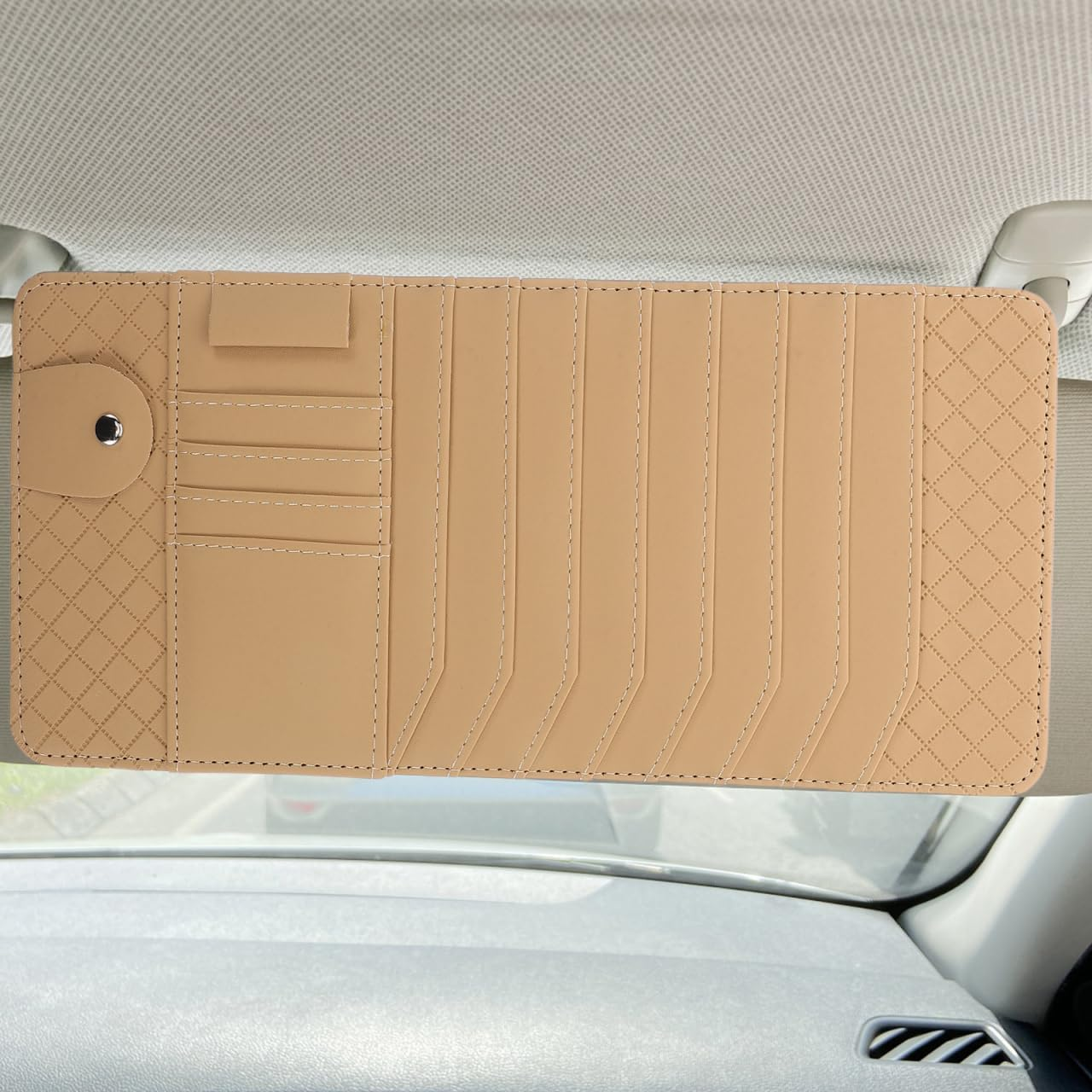 POPETPOP Car Visor Organizer CD Holder with Faux Leather Multifunctional Sun Visor Storage Bag for Sunglasses and Dvds Stylish Car Accessories for Drivers image number 6