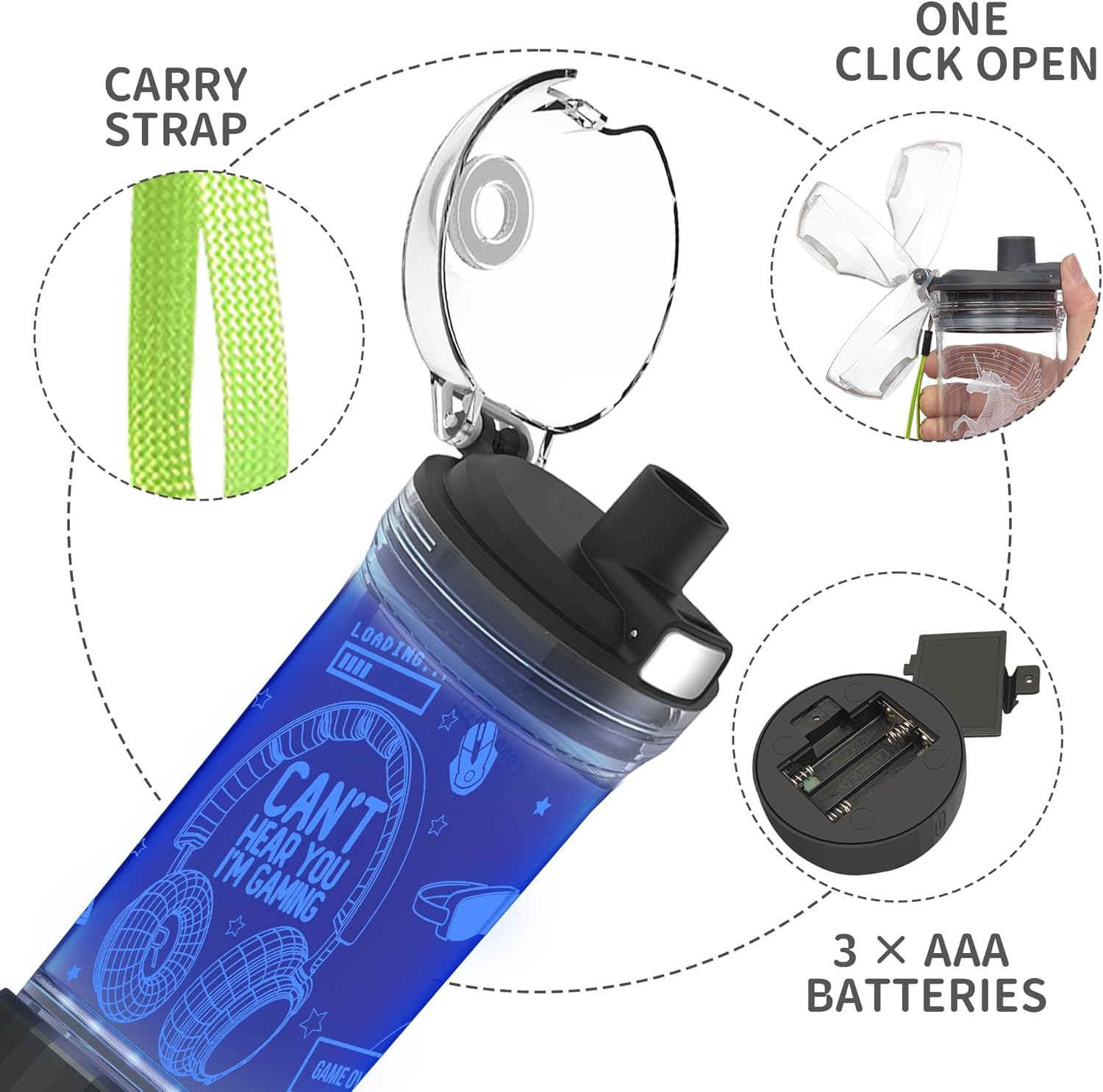 Gamer Water Bottle, Light up 3D Headphone Design, 14Oz Tritan BPA Free - for Boys Girls- Kids Drinking Cup - Christmas Holiday image number 4