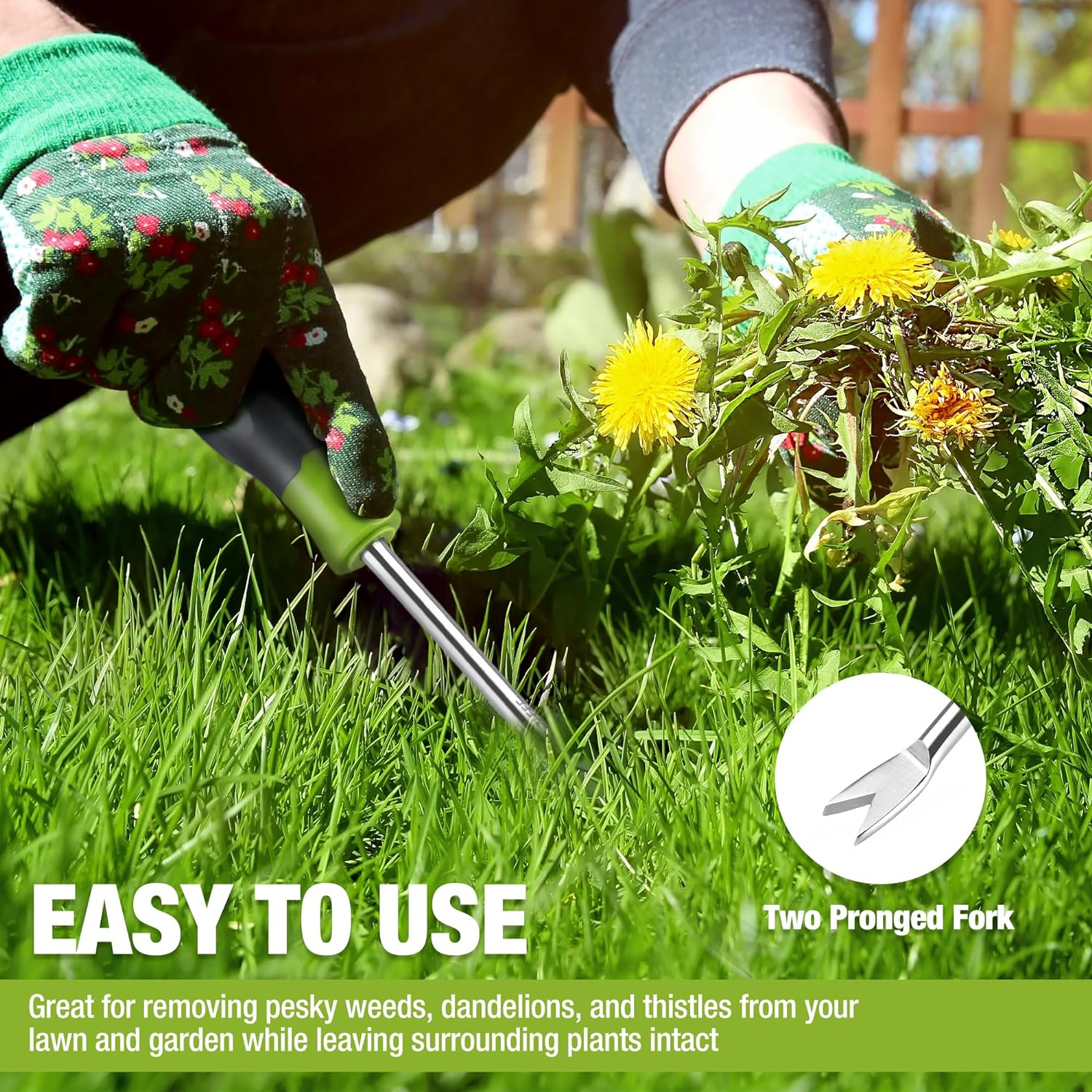 WORKPRO 11.5" Dandelion Weeder Puller Tool with Soft Handle, Polished Stainless Steel Garden Weed Remover Tool, Two-Pronged Fork Weeder Tool for Lawn Farmland Transplant Gardening Plant Tool image number 6