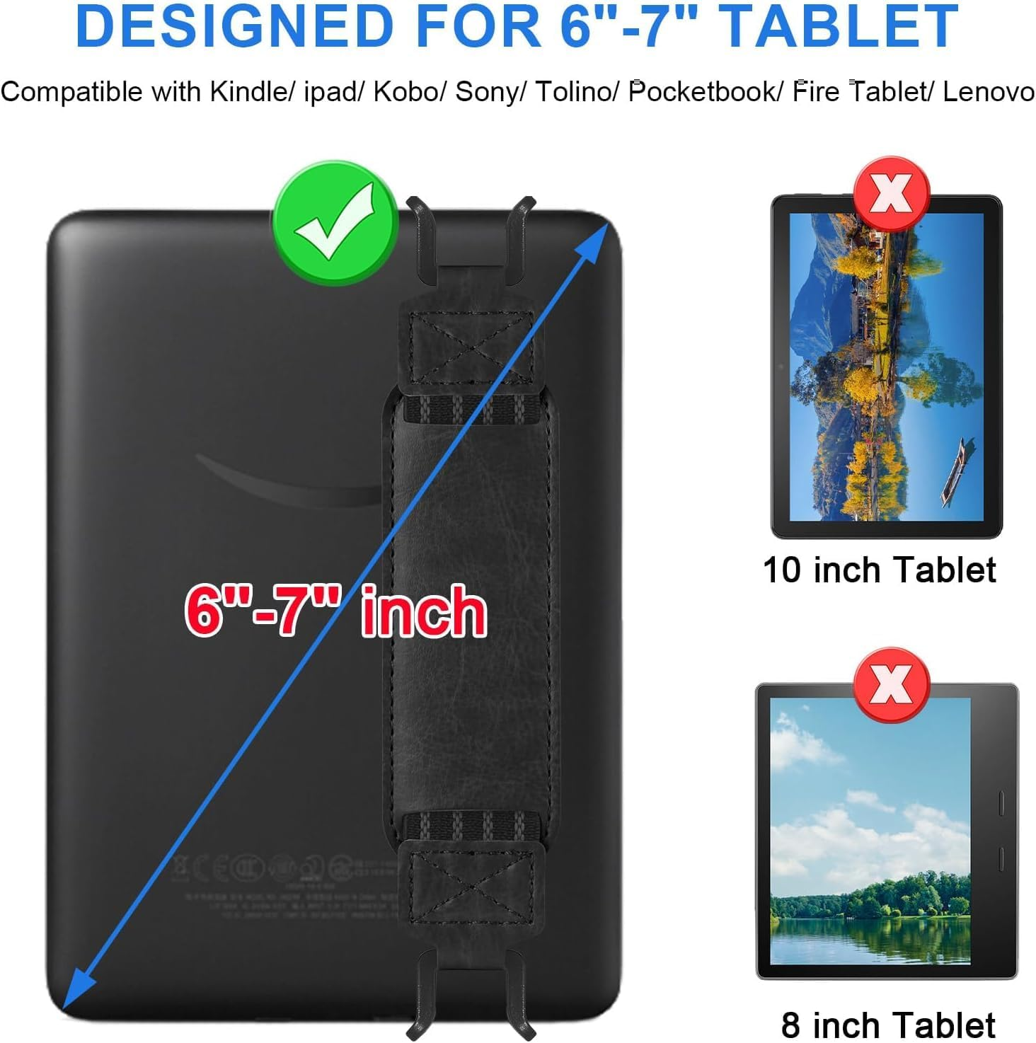 PU Leather Hand Strap Grip for 6-7 E-Readers Tablets - Anti-Slip Shockproof Back Strap | Secure One-Handed Holder for Kindle/Kobo/Ipad (Black)