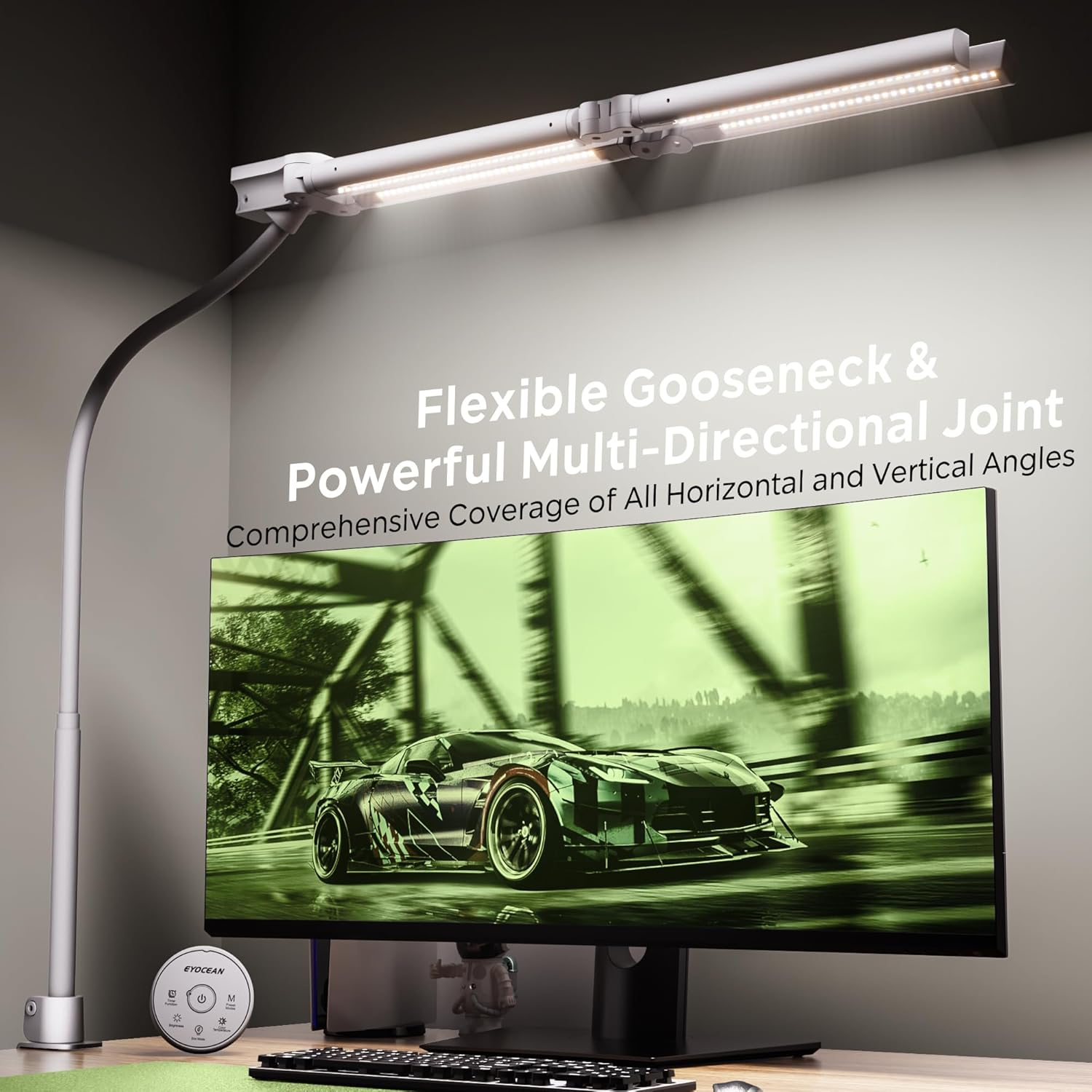 EYOCEAN Desk Lamp, Desk Lamp with 4 Light Sources, 24 W 100 Cm Daylight Lamp Desk with Remote Control, Dimmable Monitor Lamp, Gooseneck Office Table Lamp, Eye Protection PC Lamp