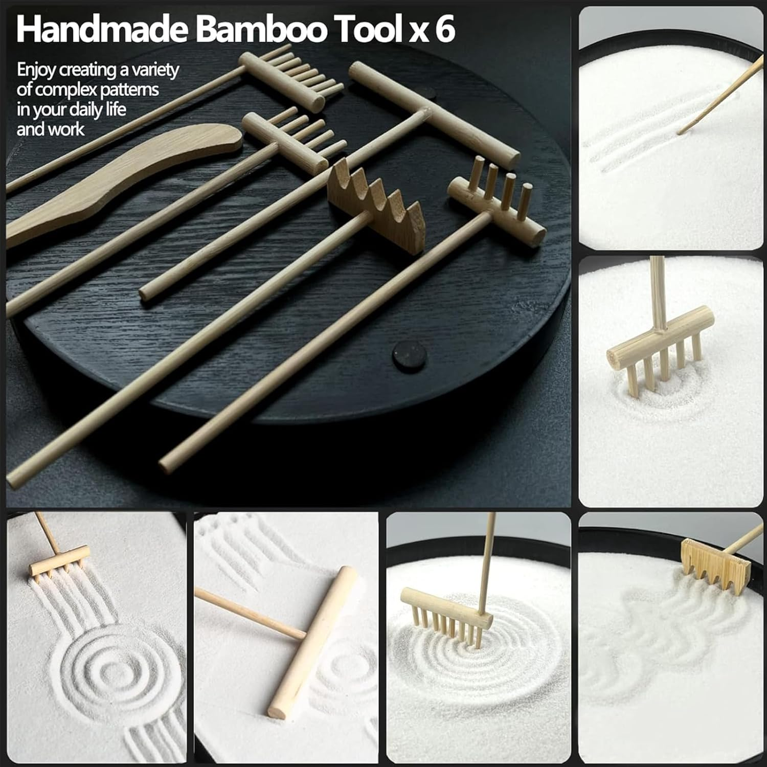 Zen Garden for Desk Japanese Zen Garden Kit, Tray Mini Desktop Zen Decor, Office with Black Wooden Tray, White Sand, Rake Tools Desktop Meditation, Therapy and Accessories (Round) image number 2